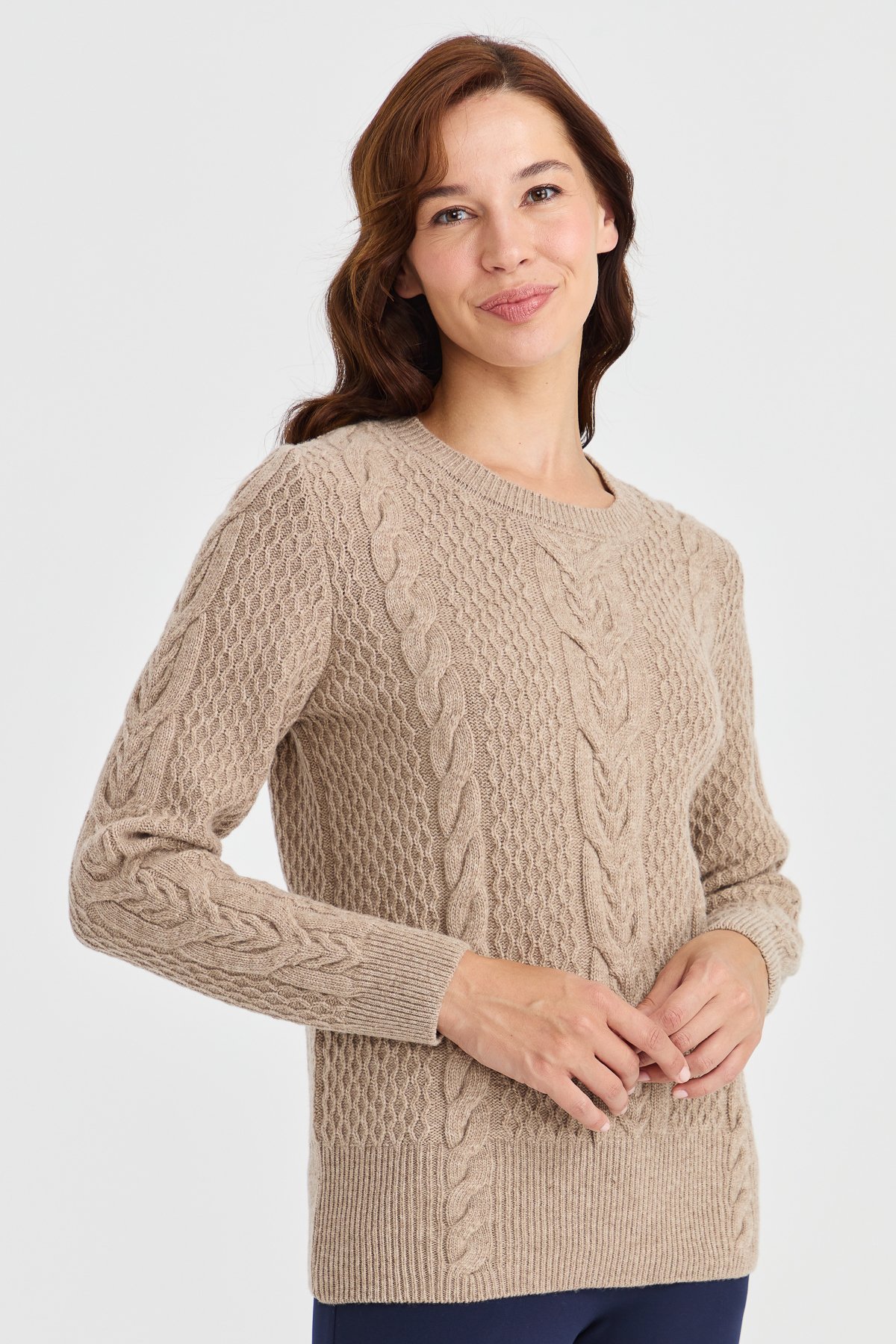 23034Kadın Sıfır Yaka Ortası Saç Örgü Yün Kazak K.Bej