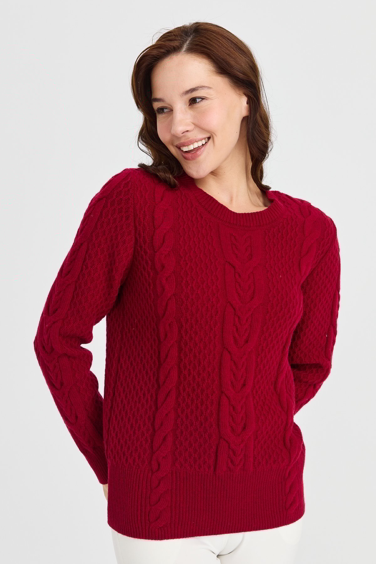 23034Kadın Sıfır Yaka Ortası Saç Örgü Yün Kazak V.Çürüğü