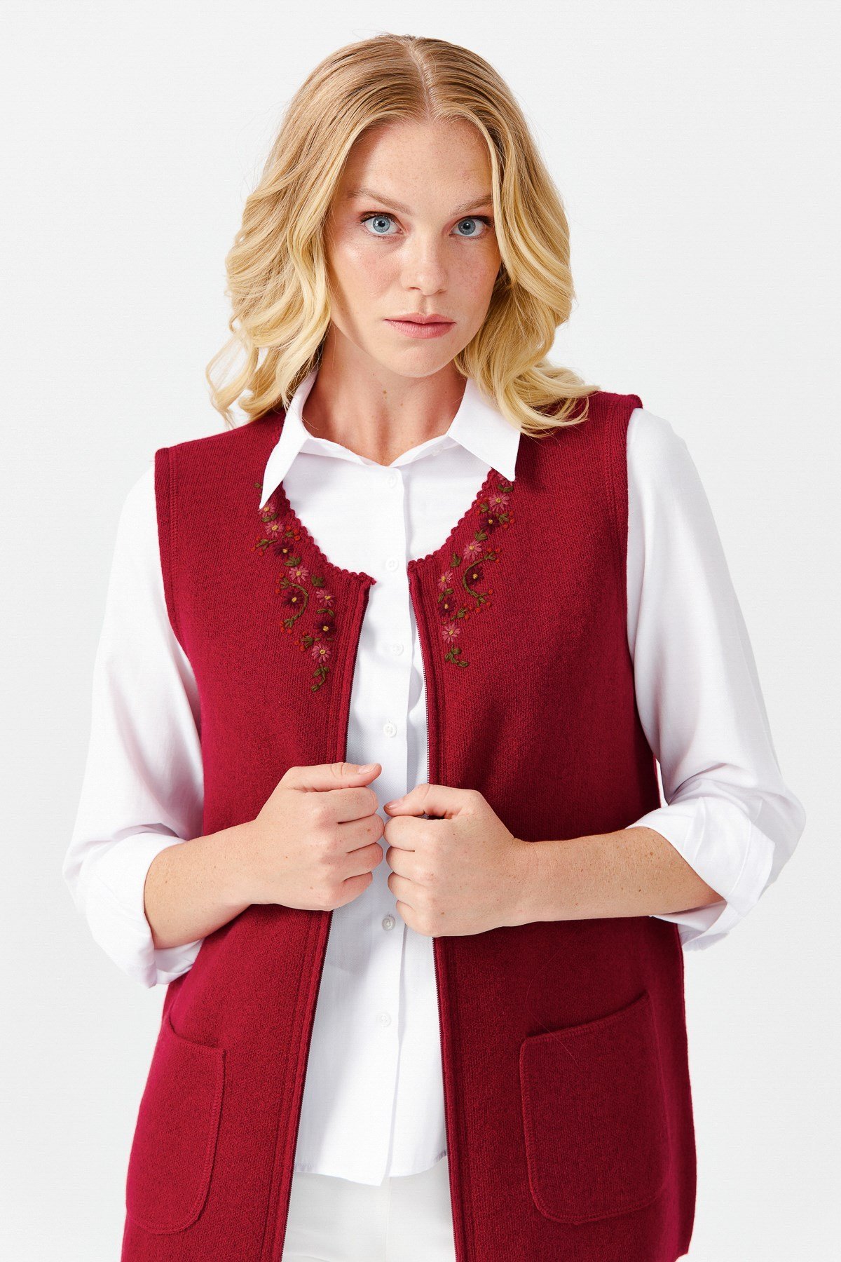 22190Женский лоскутный шерстяной жилет с круглым вырезом, вишневый 