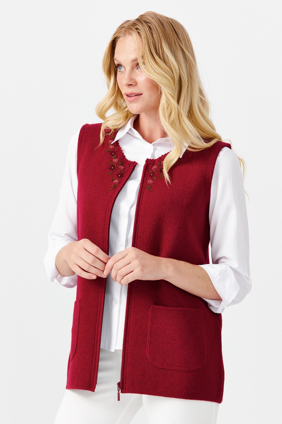 22190Женский лоскутный шерстяной жилет с круглым вырезом, вишневый 