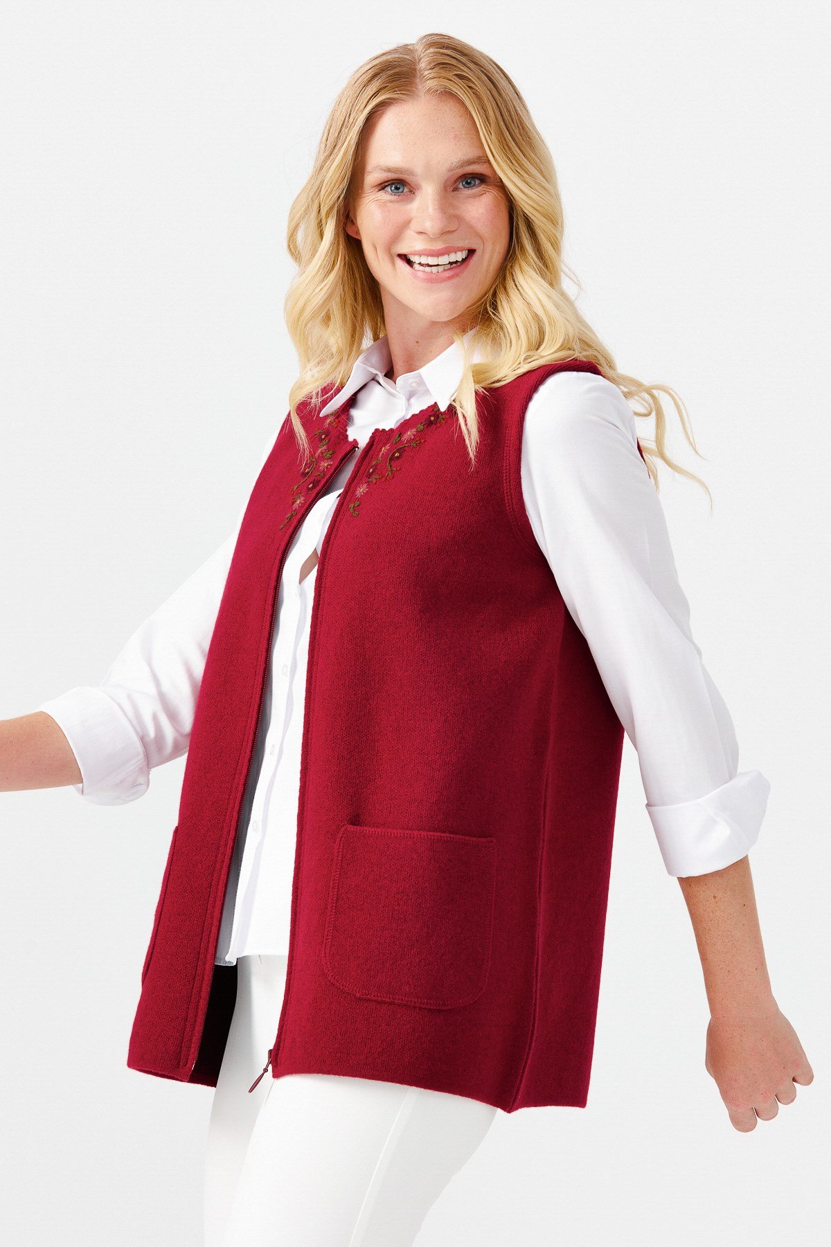 22190Женский лоскутный шерстяной жилет с круглым вырезом, вишневый 