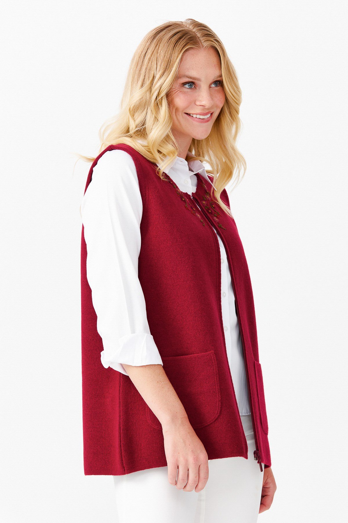 22190Женский лоскутный шерстяной жилет с круглым вырезом, вишневый 