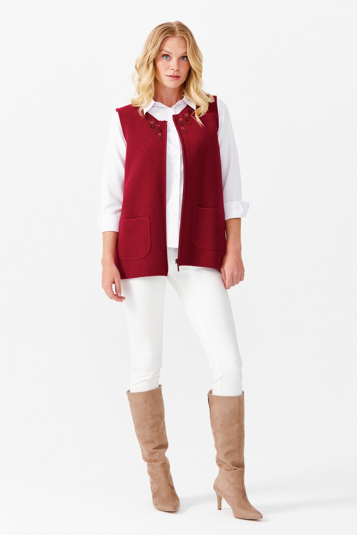 22190Женский лоскутный шерстяной жилет с круглым вырезом, вишневый 