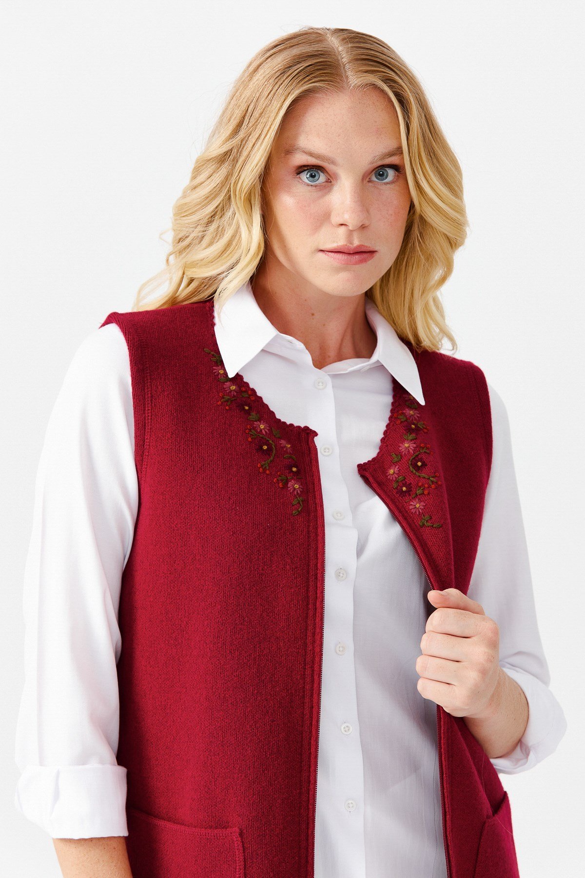 22190Женский лоскутный шерстяной жилет с круглым вырезом, вишневый 