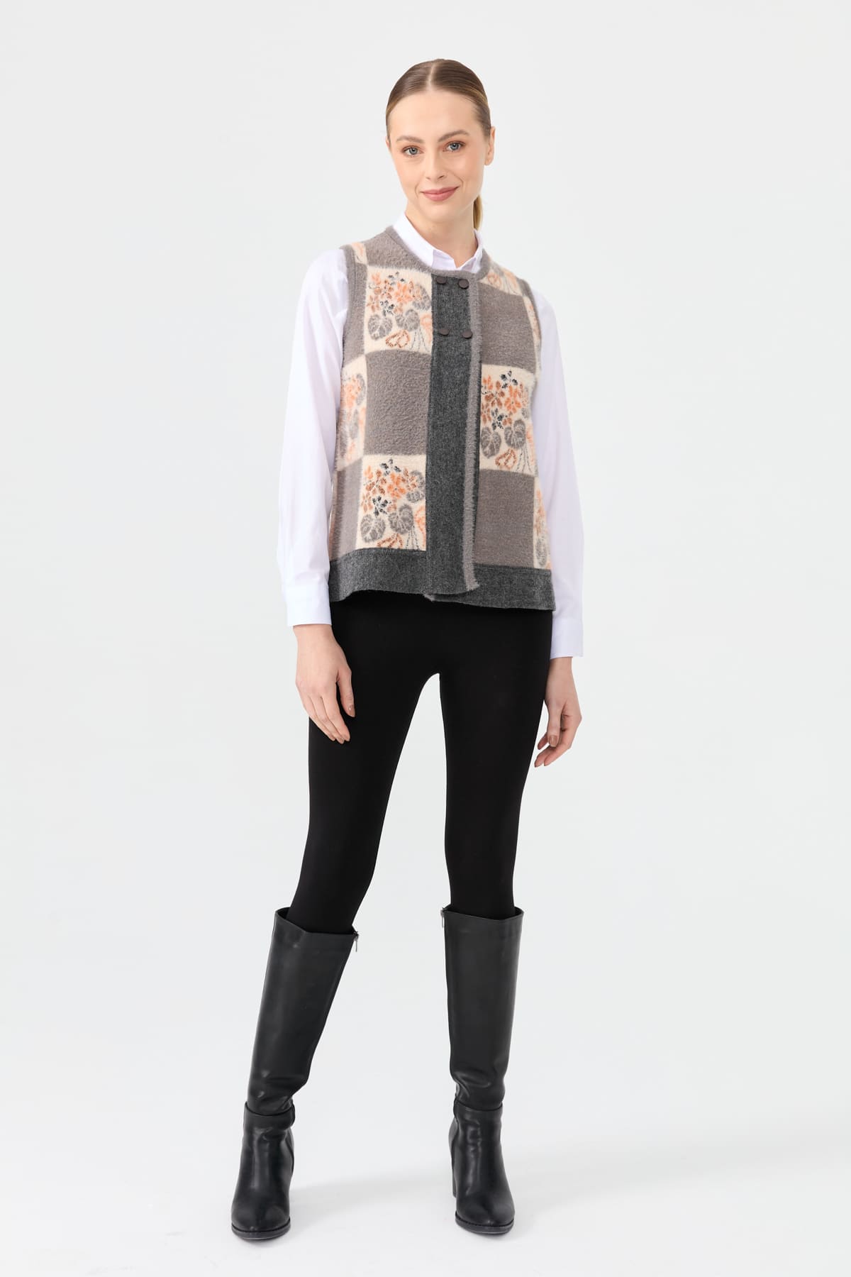 24074Kadın Sıfır Yaka Patchwork Arkası Keçe Kısa Yün Yelek Füme