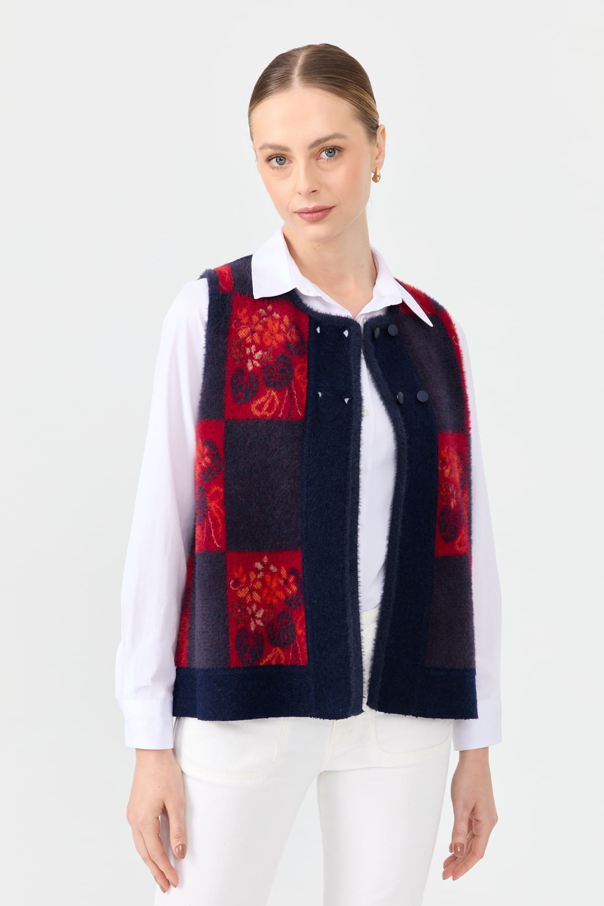 24074Kadın Sıfır Yaka Patchwork Arkası Keçe Kısa Yün Yelek Y.A Lacivert