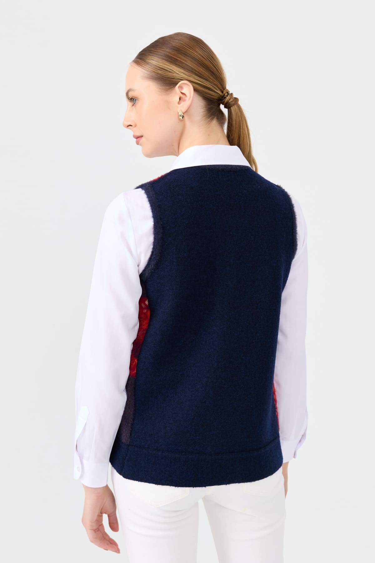 24074Kadın Sıfır Yaka Patchwork Arkası Keçe Kısa Yün Yelek Y.A Lacivert