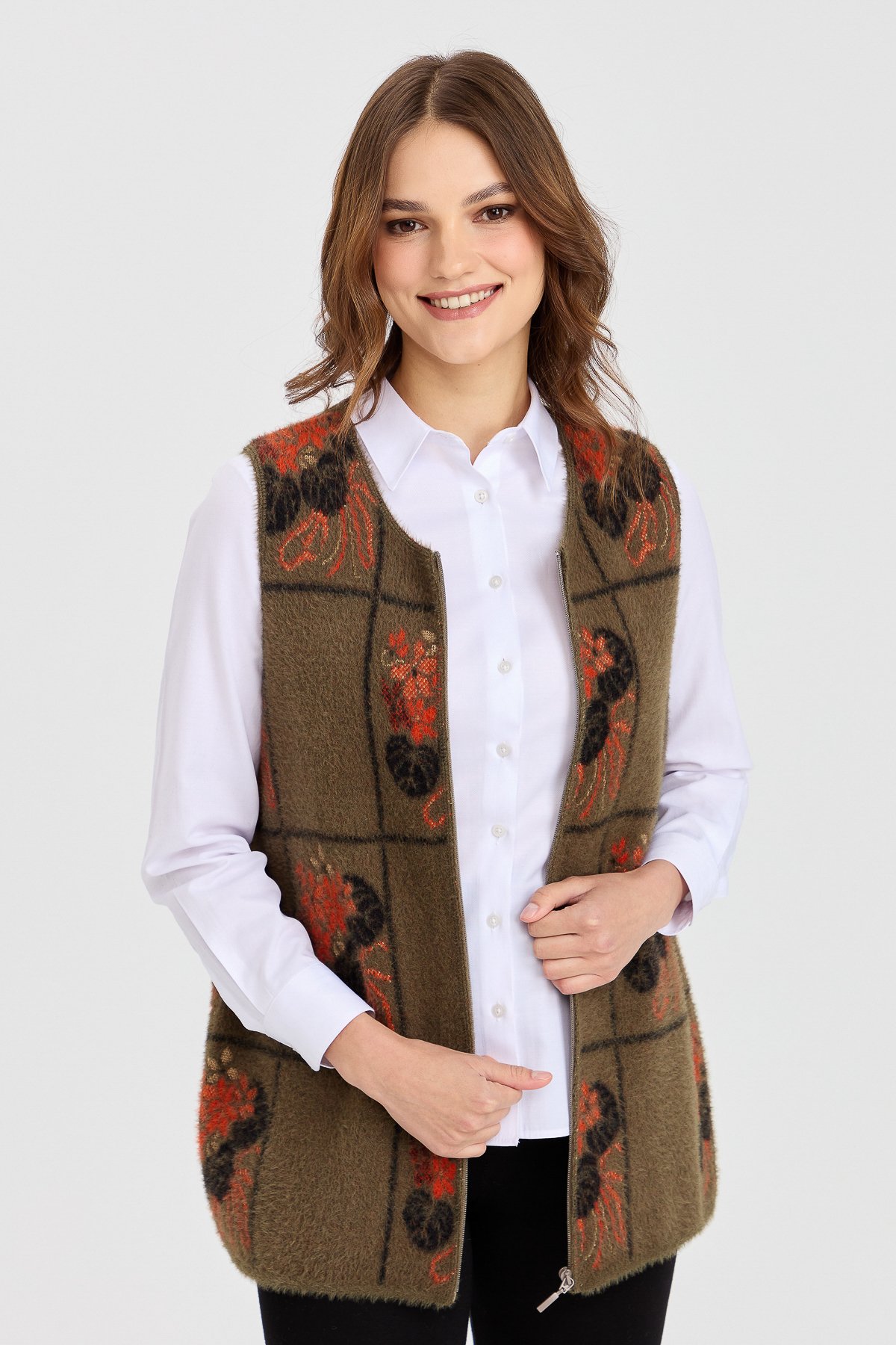 4002Kadın Sıfır Yaka Patchwork Çiçek Desenli Yelek Haki