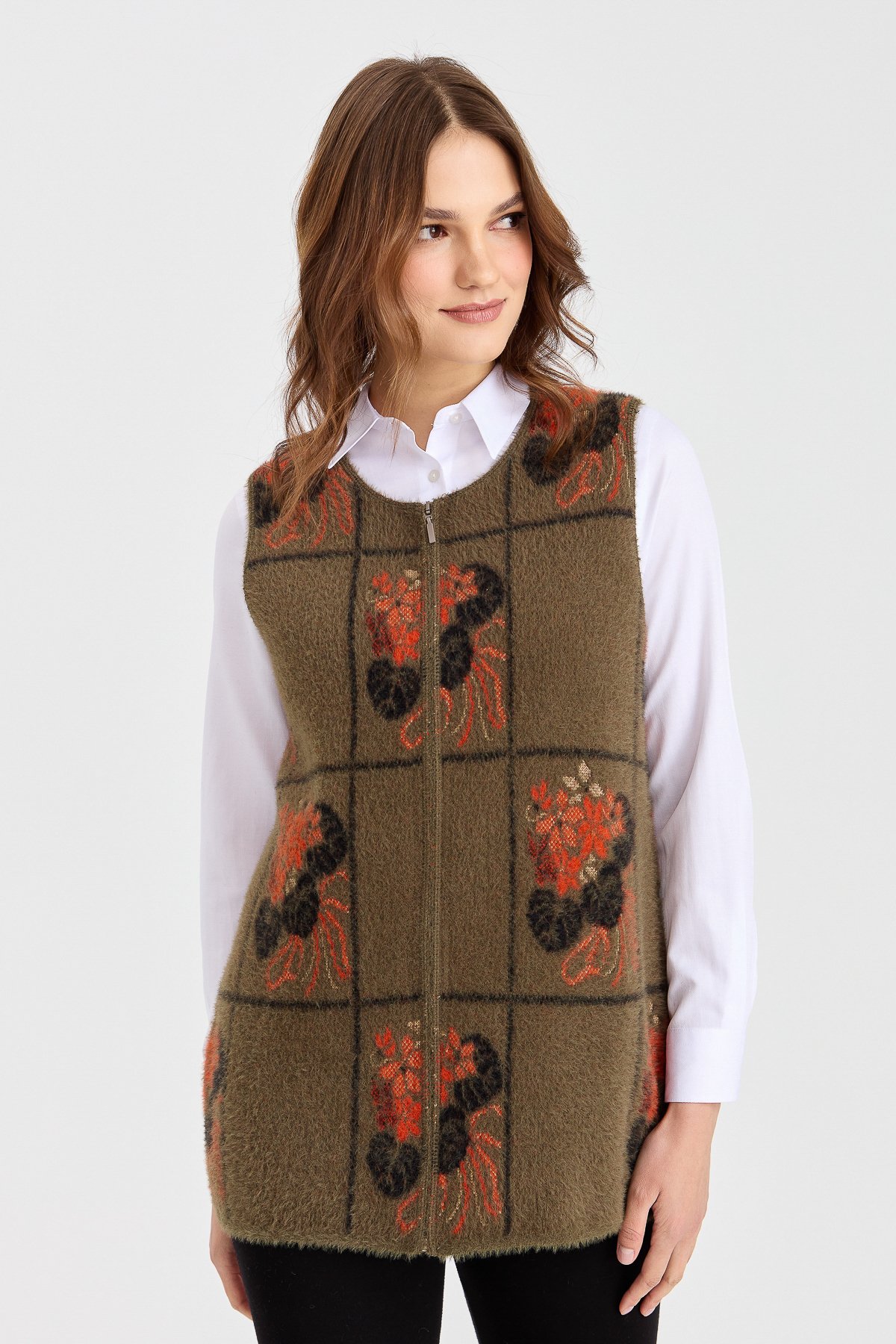 4002Kadın Sıfır Yaka Patchwork Çiçek Desenli Yelek Haki