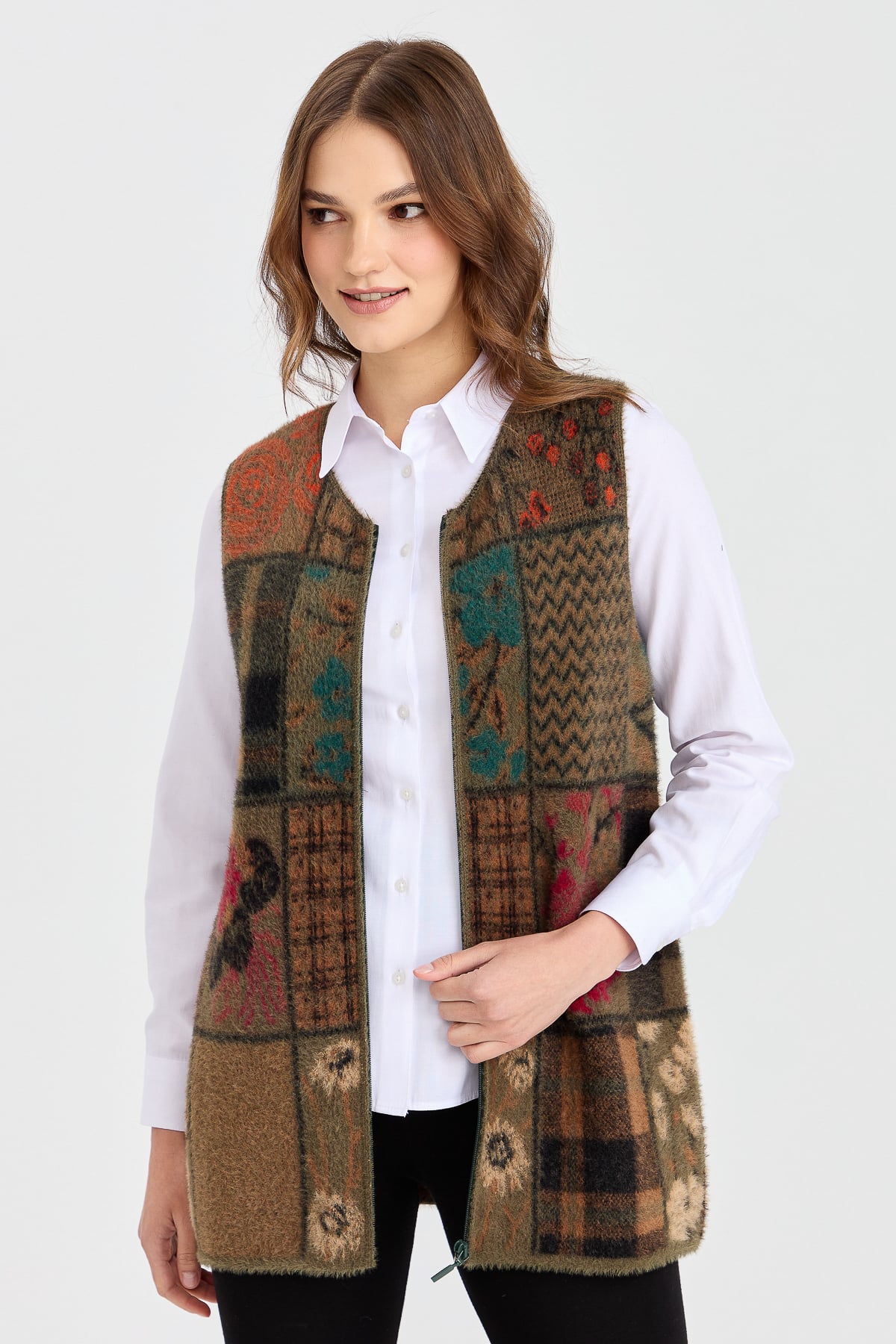4000Kadın Sıfır Yaka Patchwork Yelek Haki
