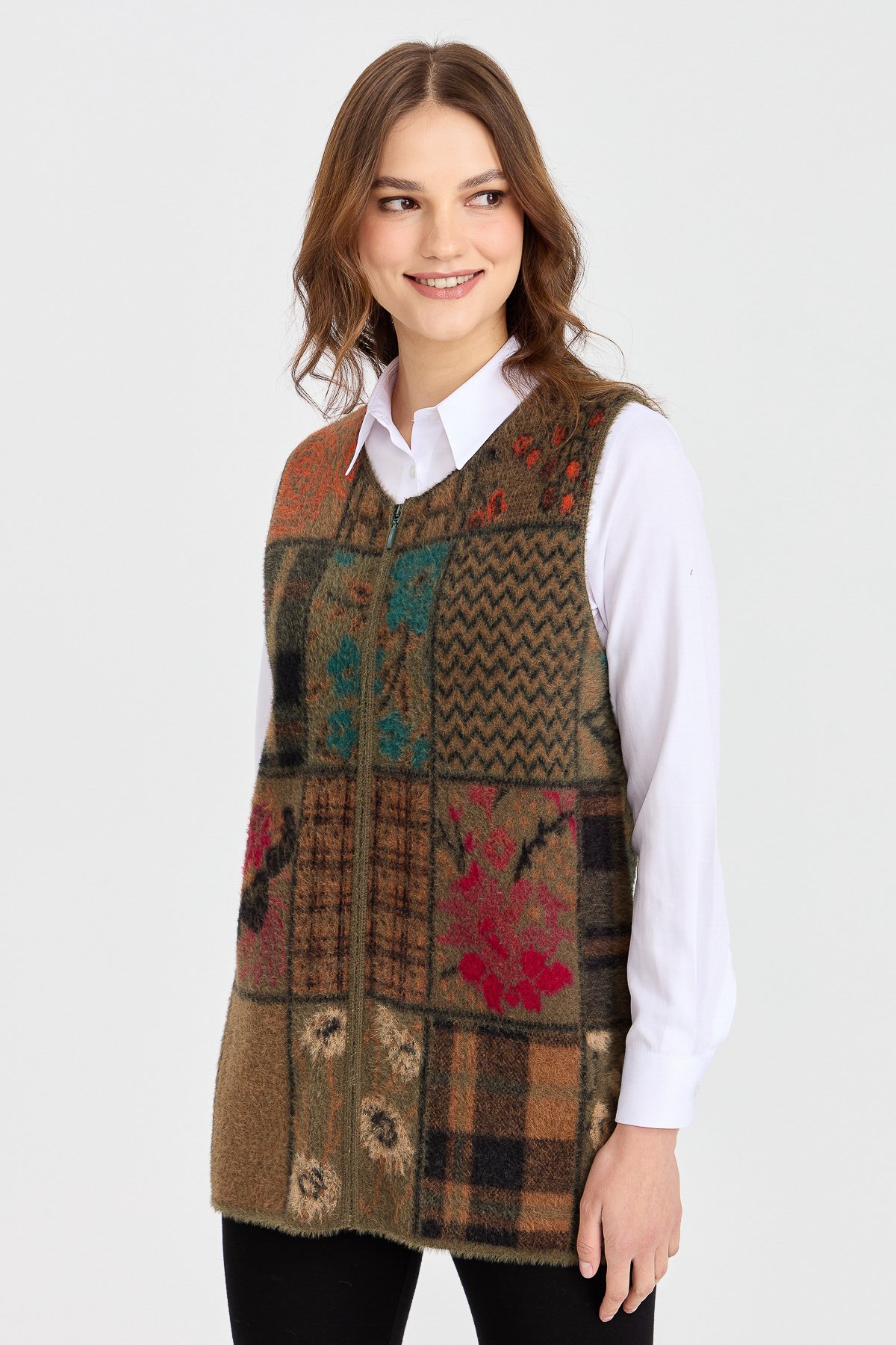 4000Kadın Sıfır Yaka Patchwork Yelek Haki