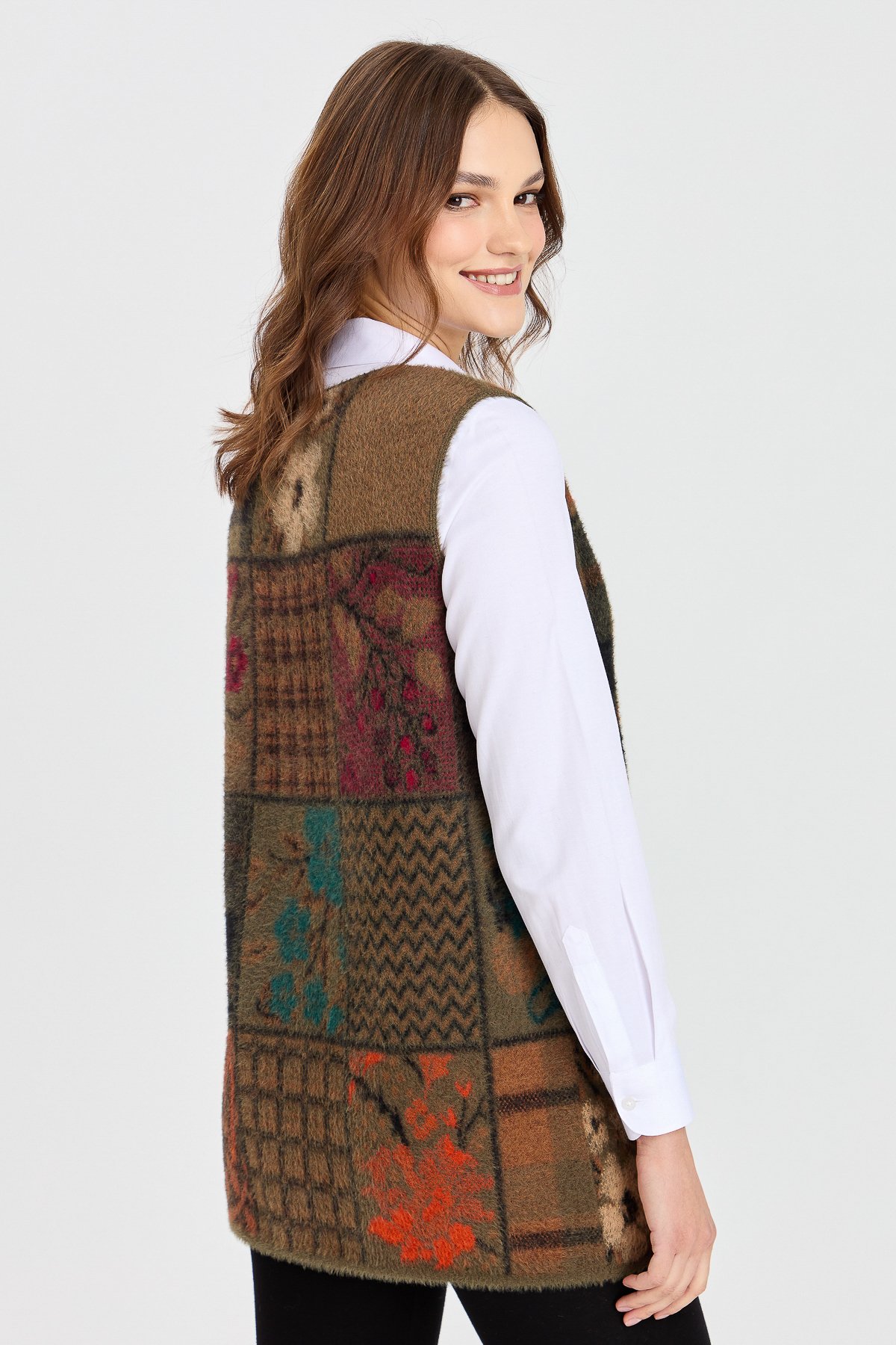 4000Kadın Sıfır Yaka Patchwork Yelek Haki
