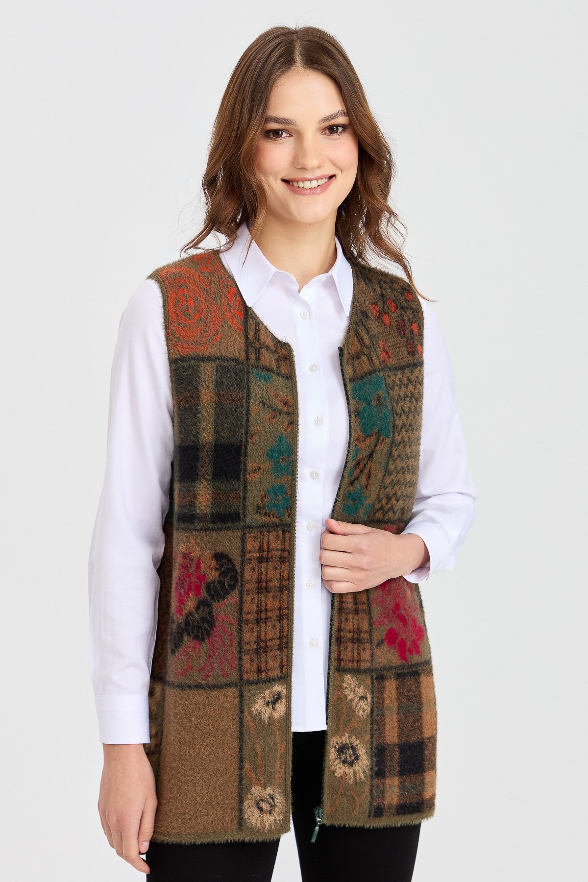 4000Kadın Sıfır Yaka Patchwork Yelek Haki