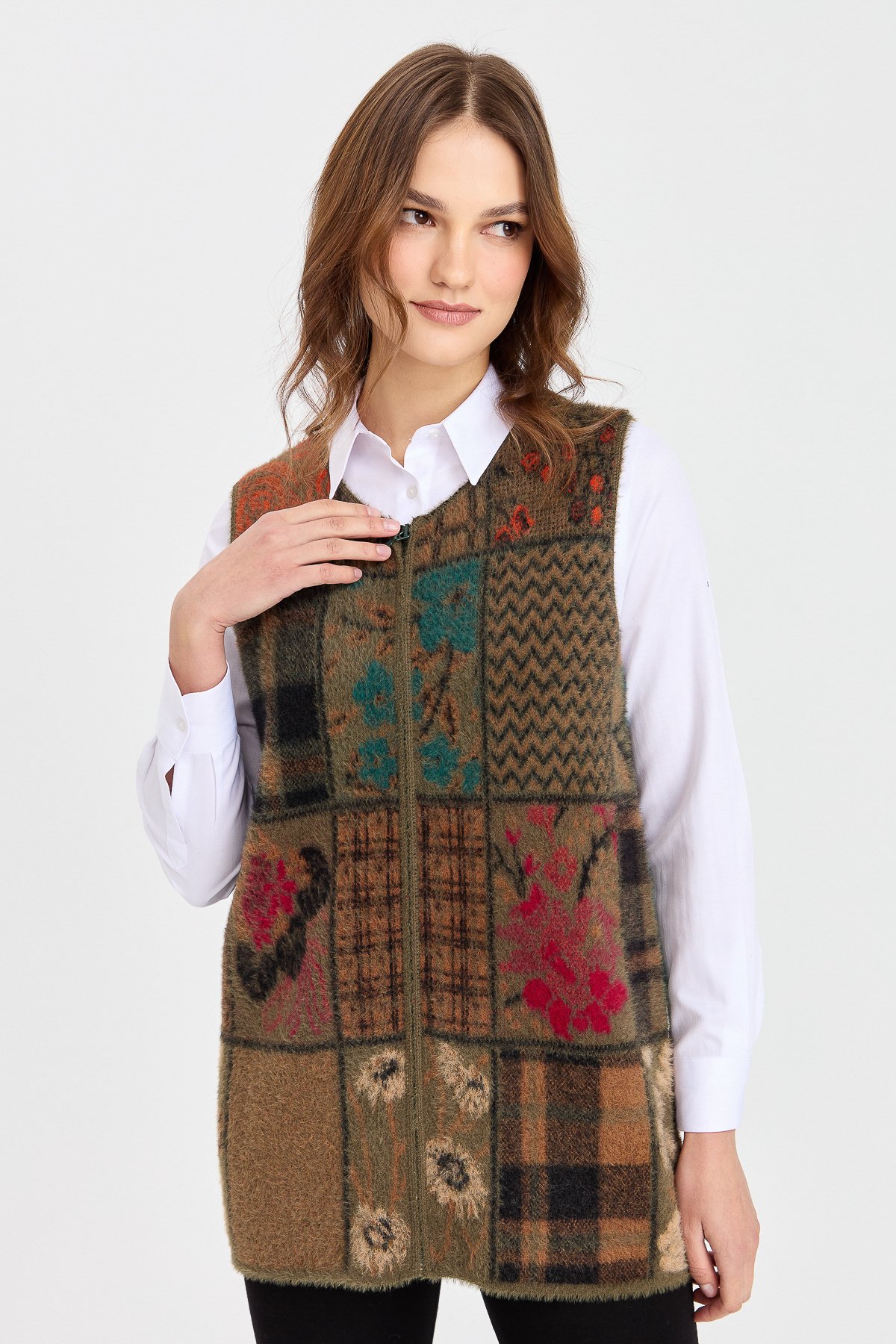 4000Kadın Sıfır Yaka Patchwork Yelek Haki