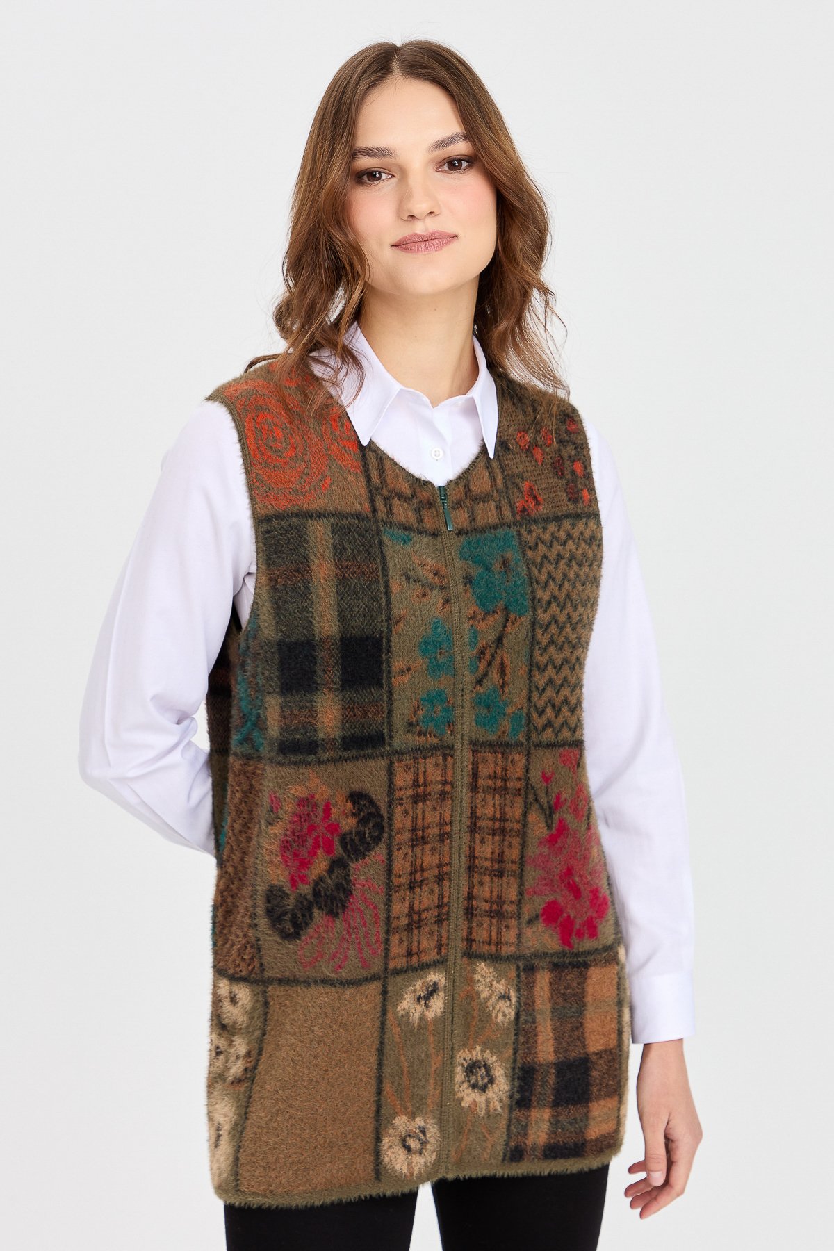 4000Kadın Sıfır Yaka Patchwork Yelek Haki