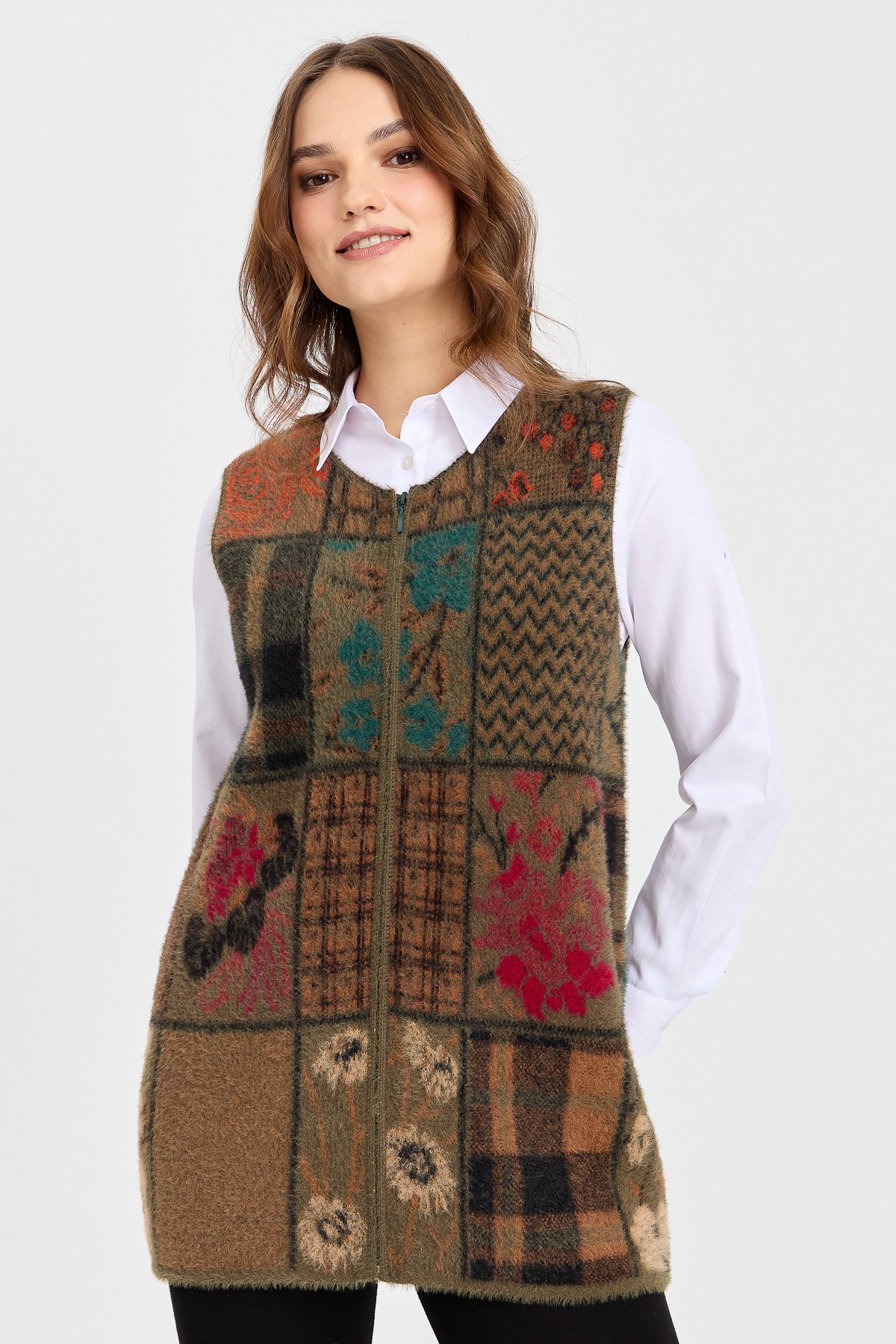 4000Kadın Sıfır Yaka Patchwork Yelek Haki