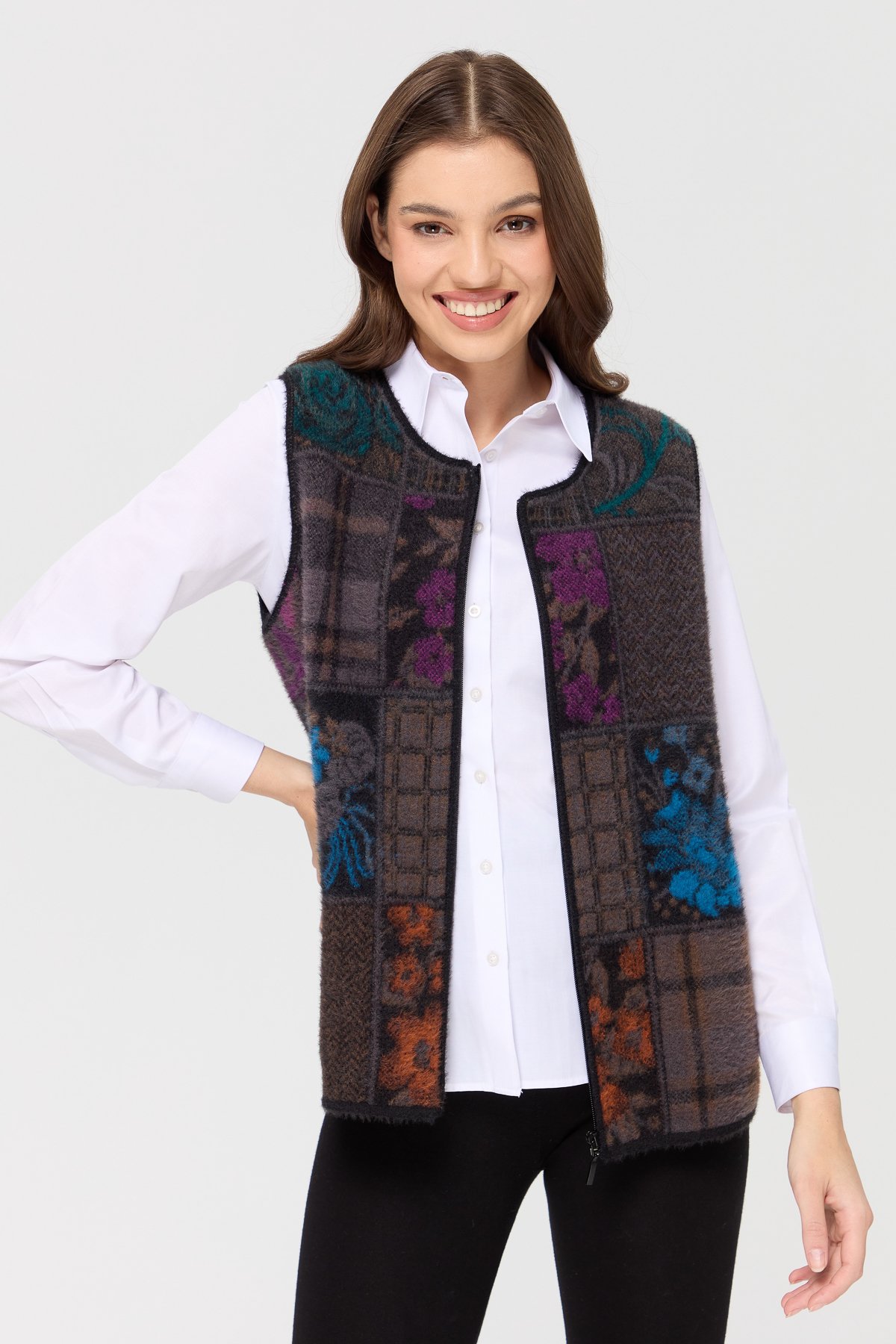 4000Kadın Sıfır Yaka Patchwork Yelek Siyah