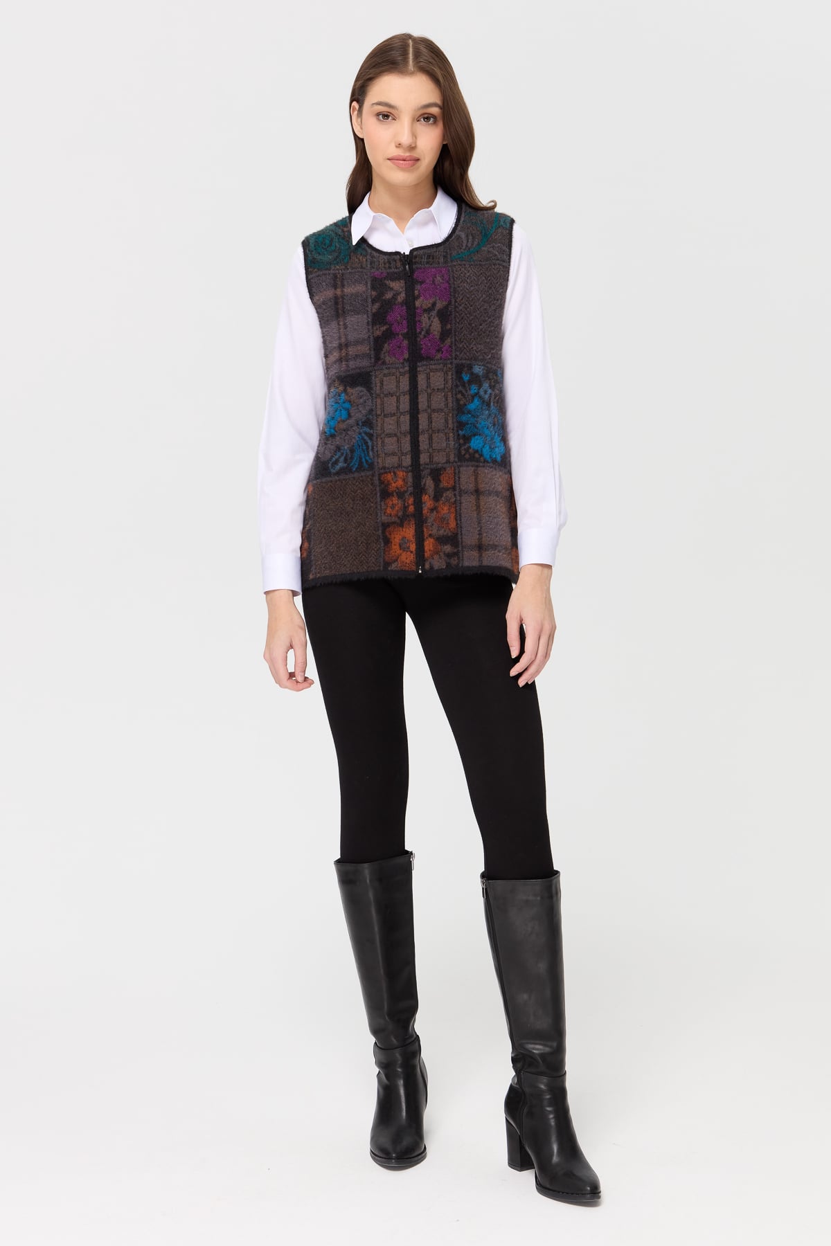 4000Kadın Sıfır Yaka Patchwork Yelek Siyah