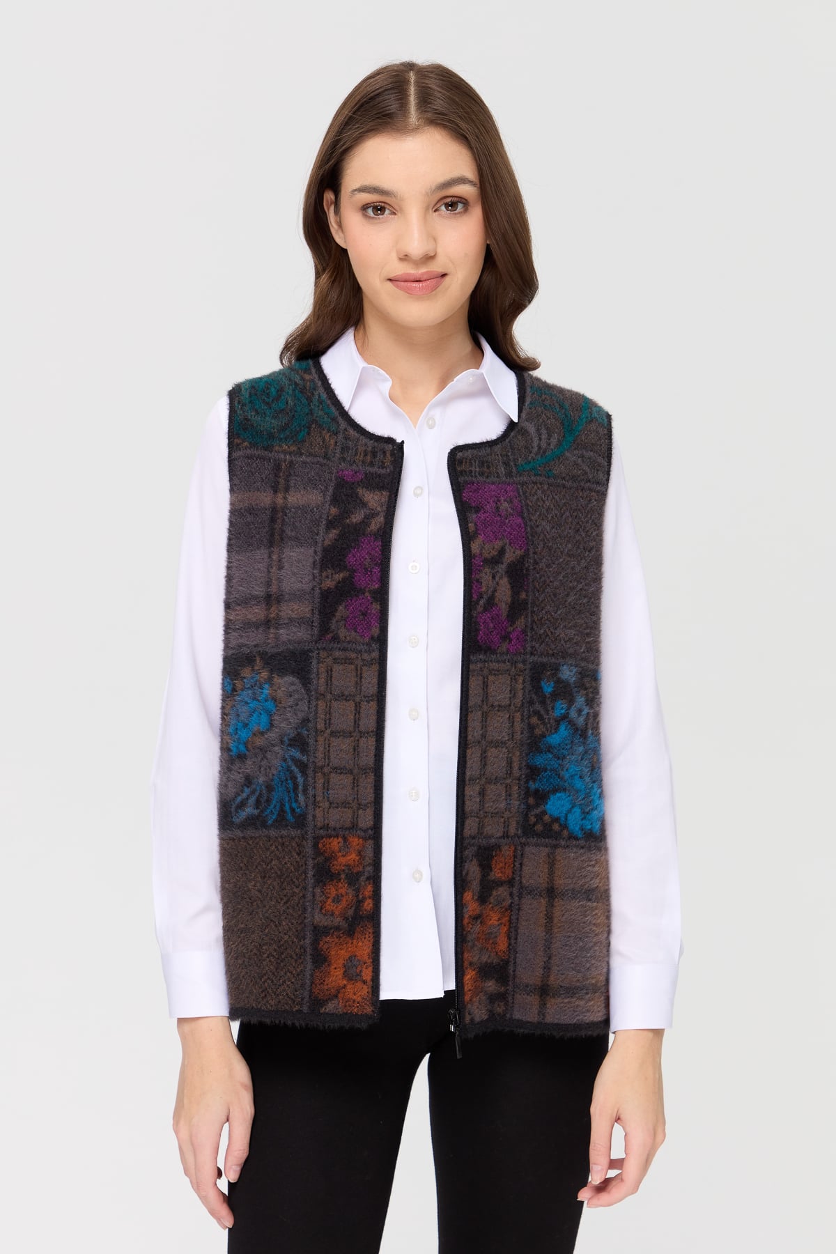 4000Kadın Sıfır Yaka Patchwork Yelek Siyah