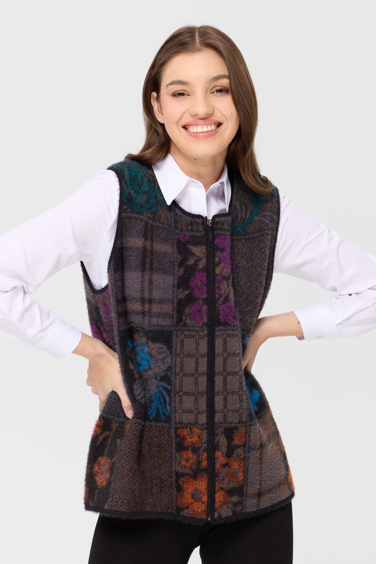 4000Kadın Sıfır Yaka Patchwork Yelek Siyah