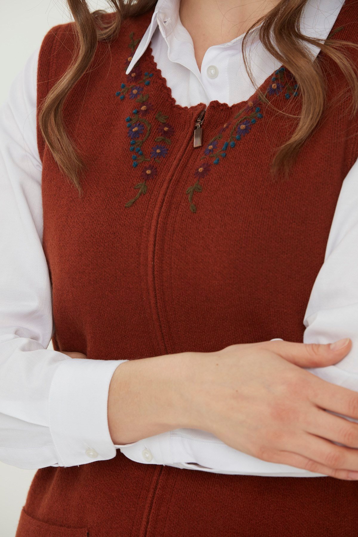 22190Kadın Sıfır Yaka Patchwork Yün Yelek A.Taba