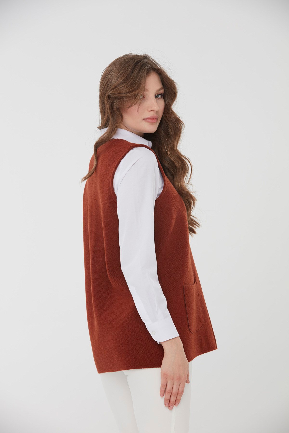 22190Kadın Sıfır Yaka Patchwork Yün Yelek A.Taba