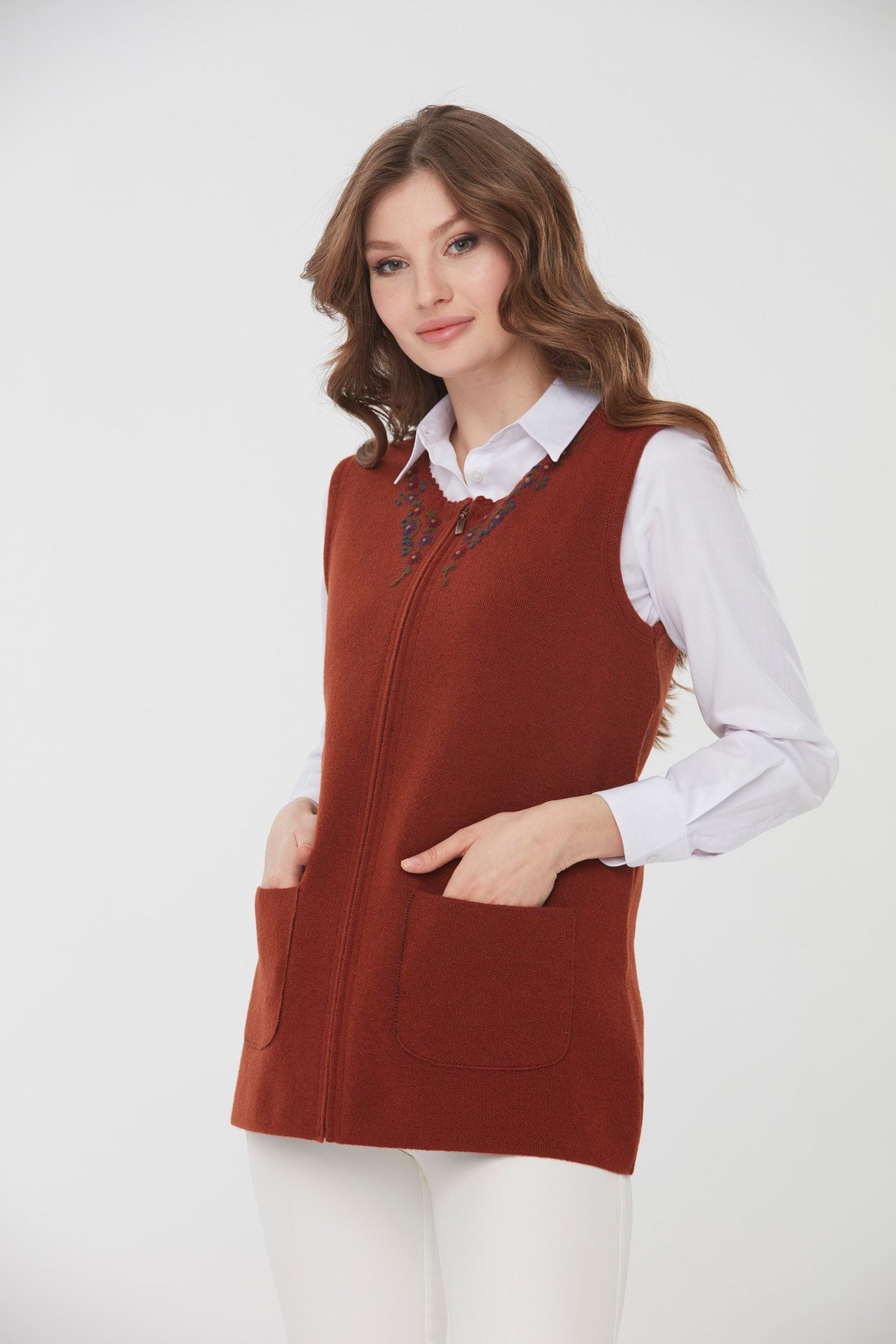 22190Kadın Sıfır Yaka Patchwork Yün Yelek A.Taba