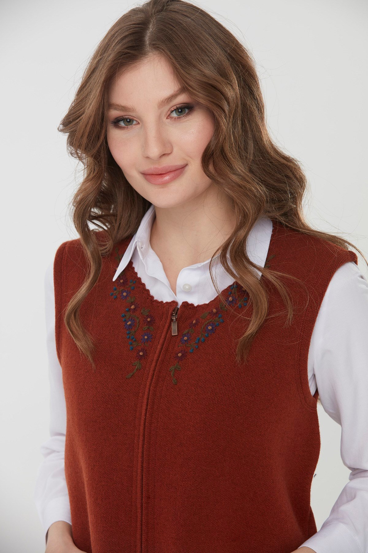 22190Kadın Sıfır Yaka Patchwork Yün Yelek A.Taba