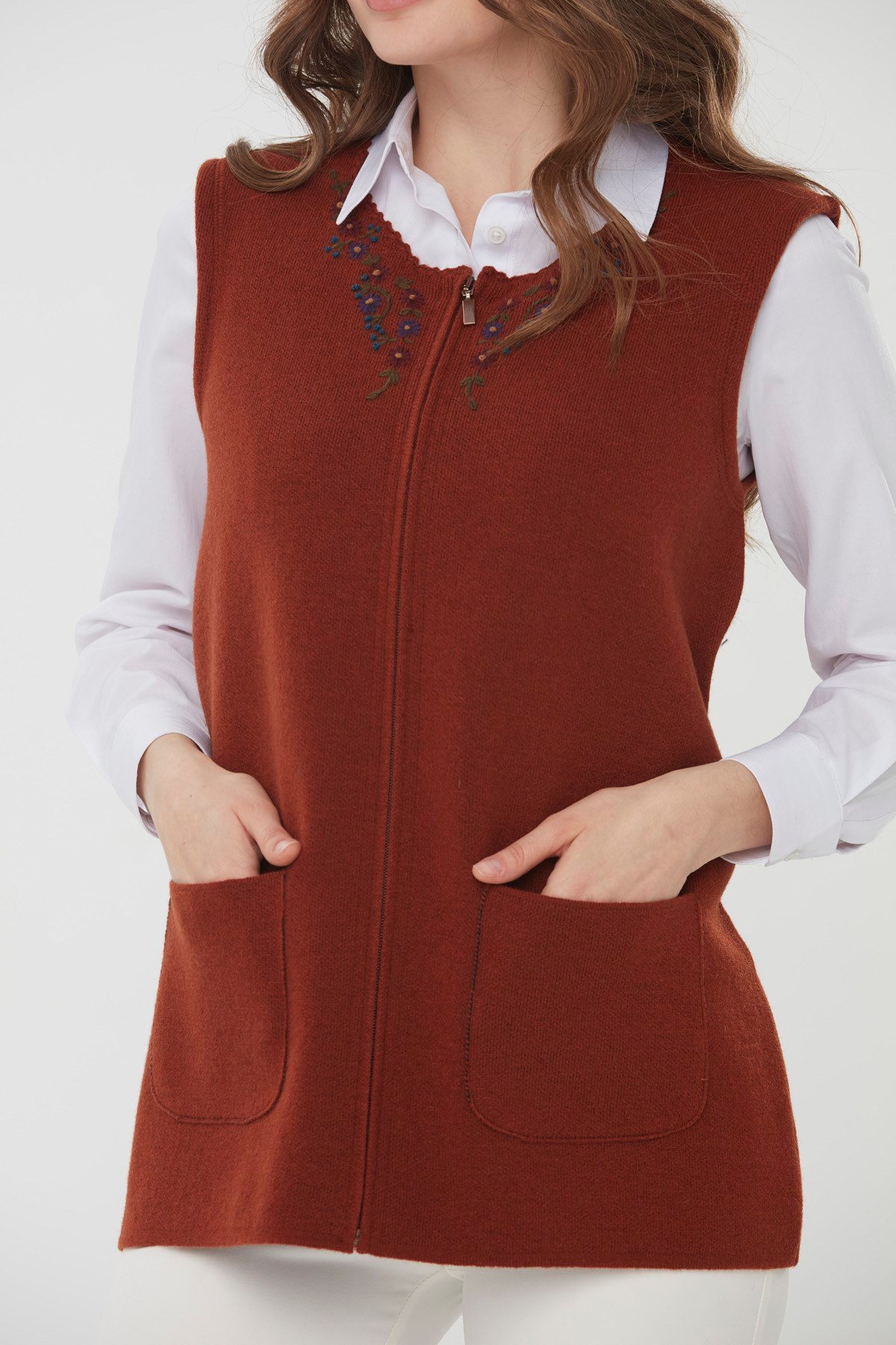 22190Kadın Sıfır Yaka Patchwork Yün Yelek A.Taba