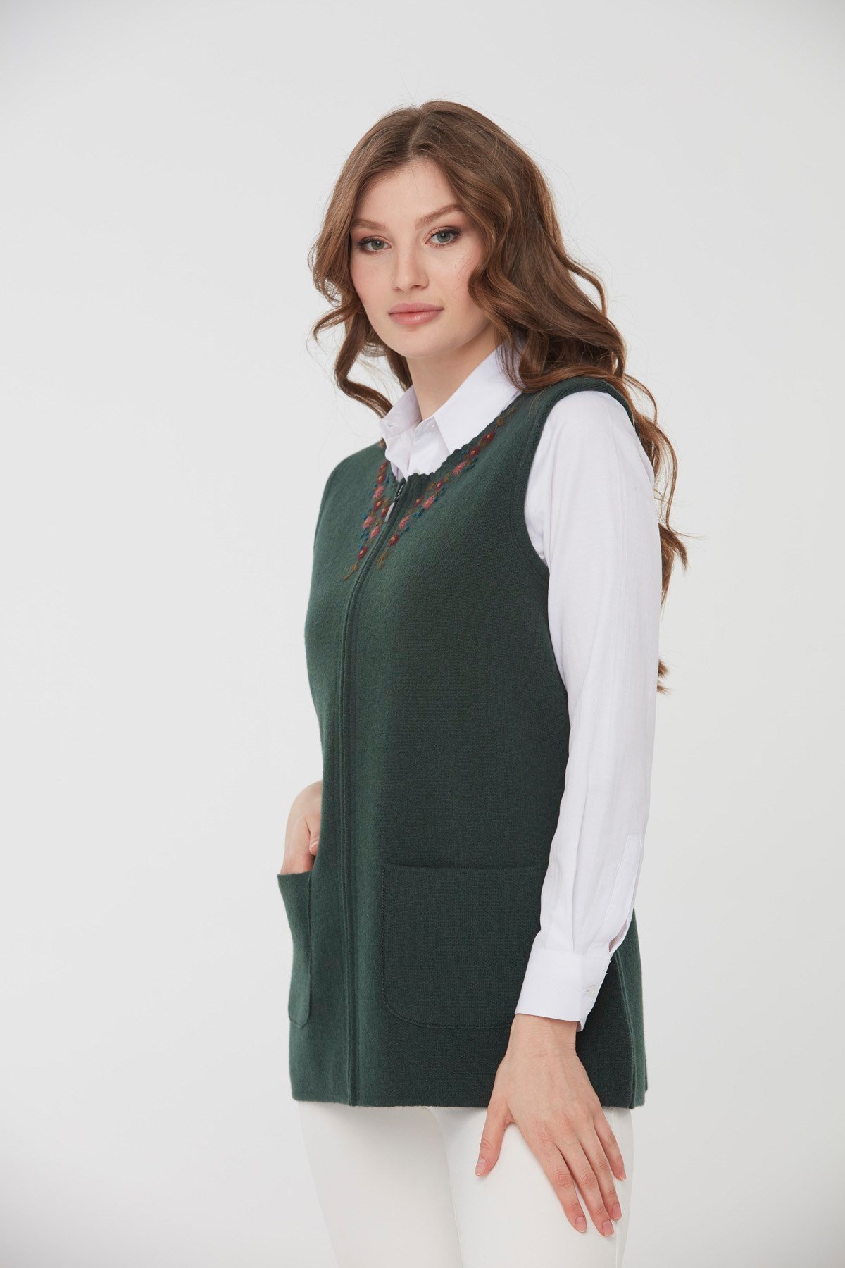 22190Kadın Sıfır Yaka Patchwork Yün Yelek Yeşil