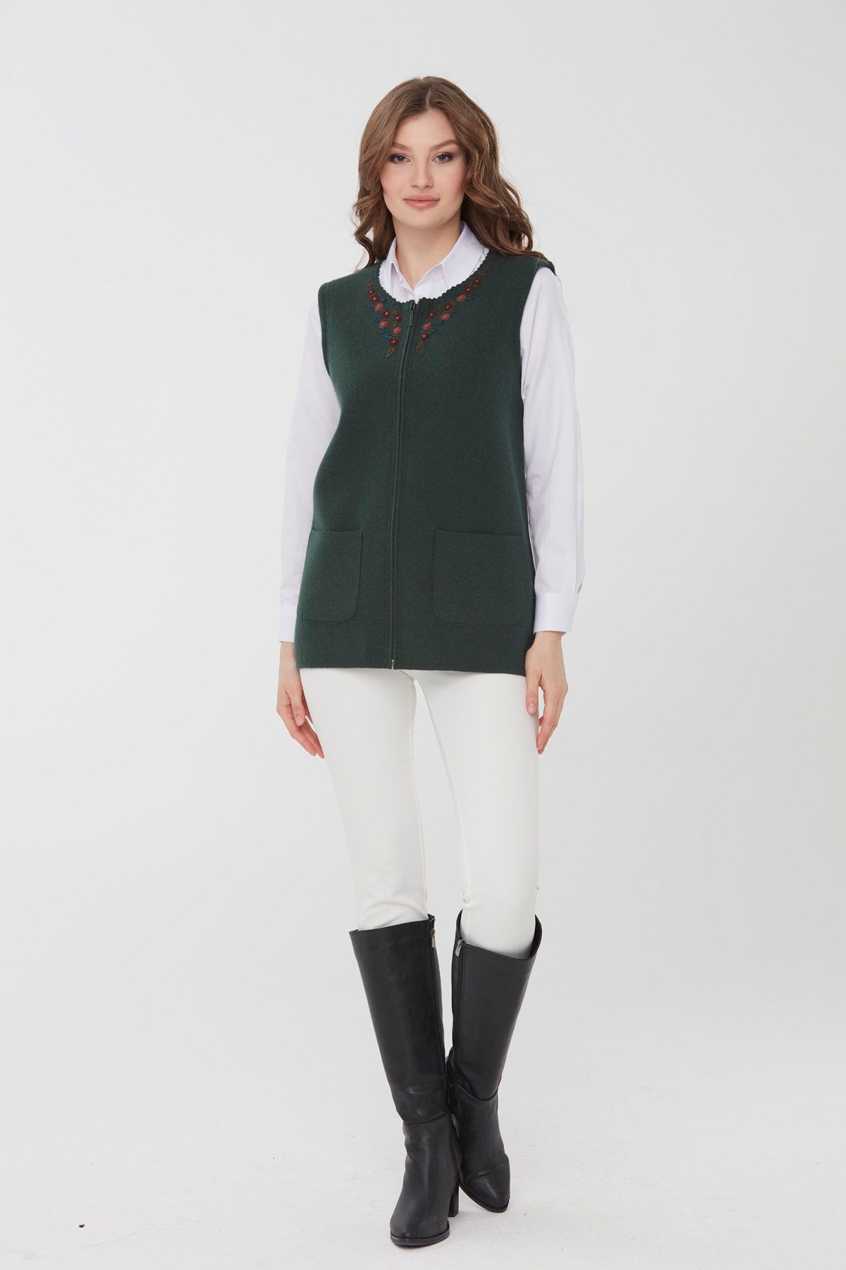 22190Kadın Sıfır Yaka Patchwork Yün Yelek Yeşil
