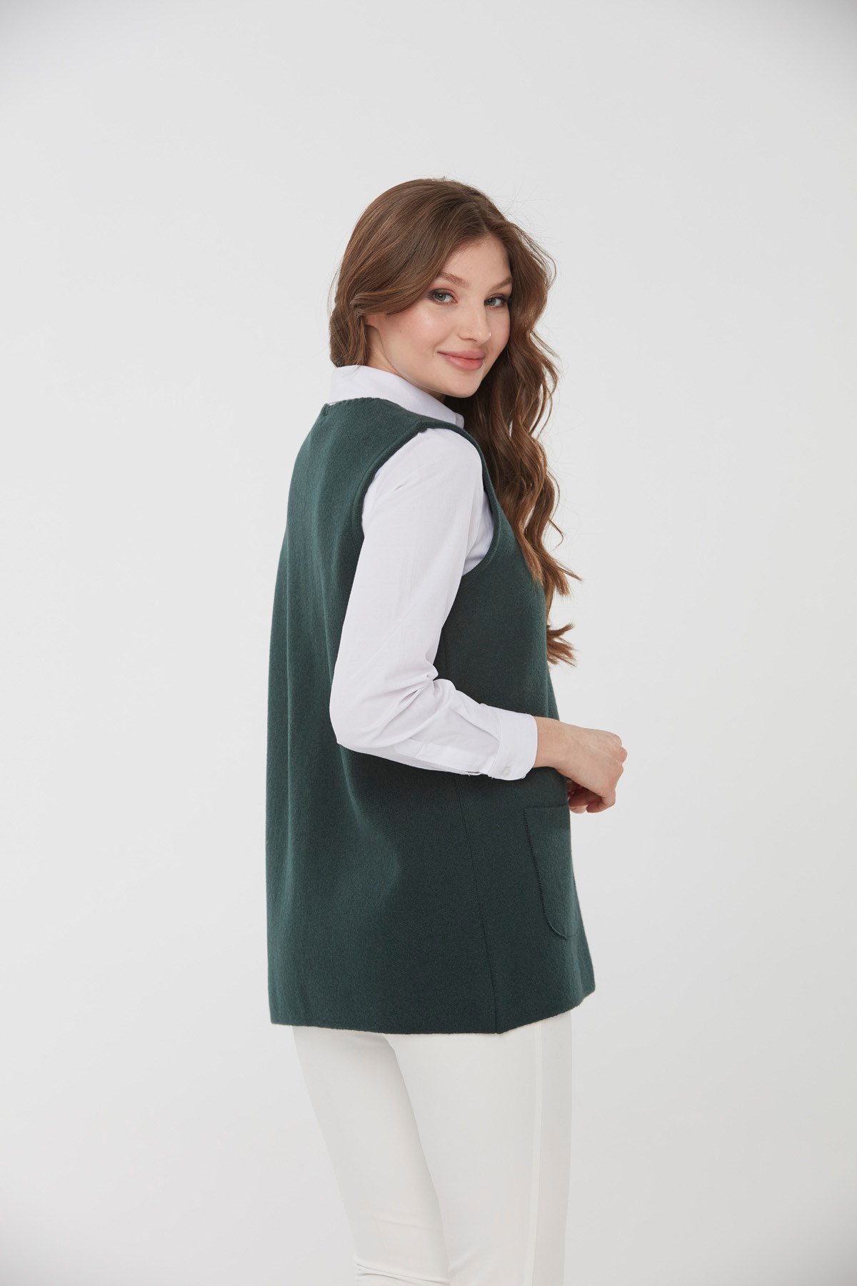 22190Kadın Sıfır Yaka Patchwork Yün Yelek Yeşil