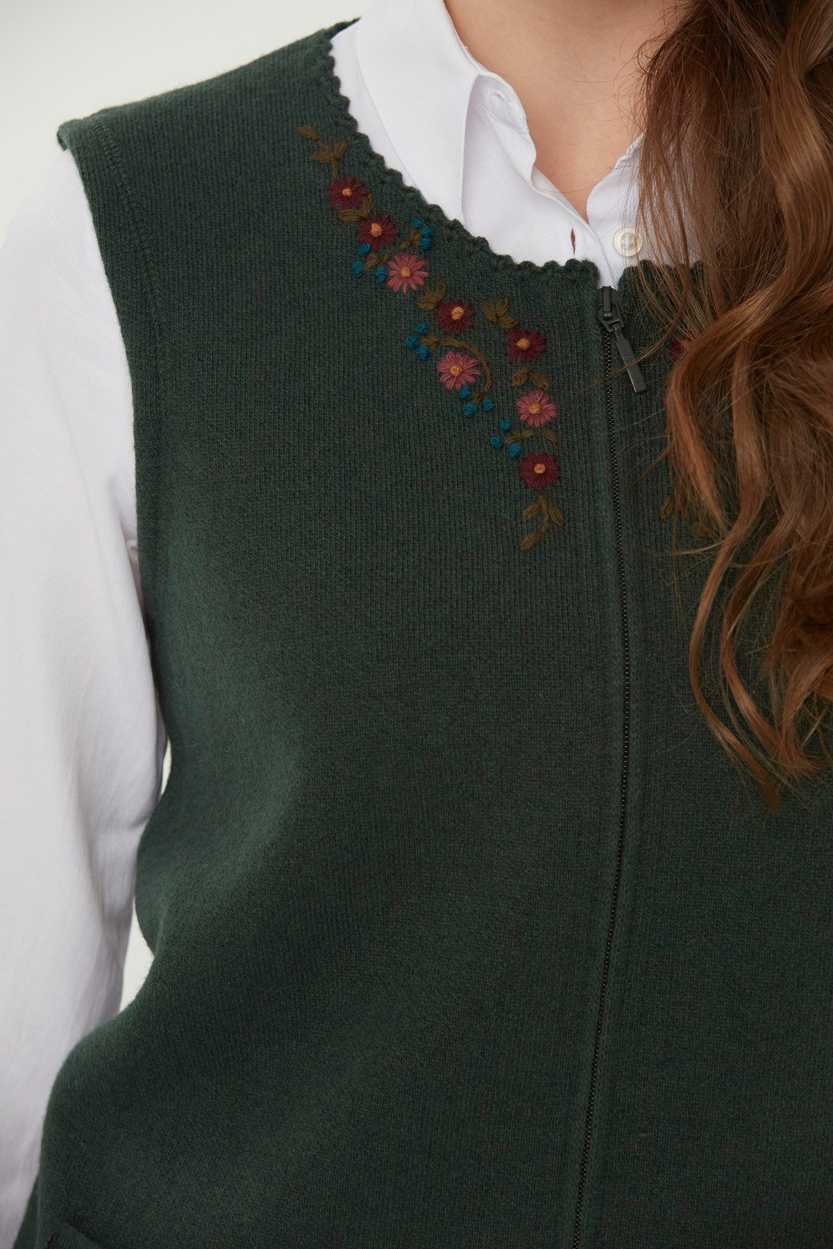 22190Kadın Sıfır Yaka Patchwork Yün Yelek Yeşil