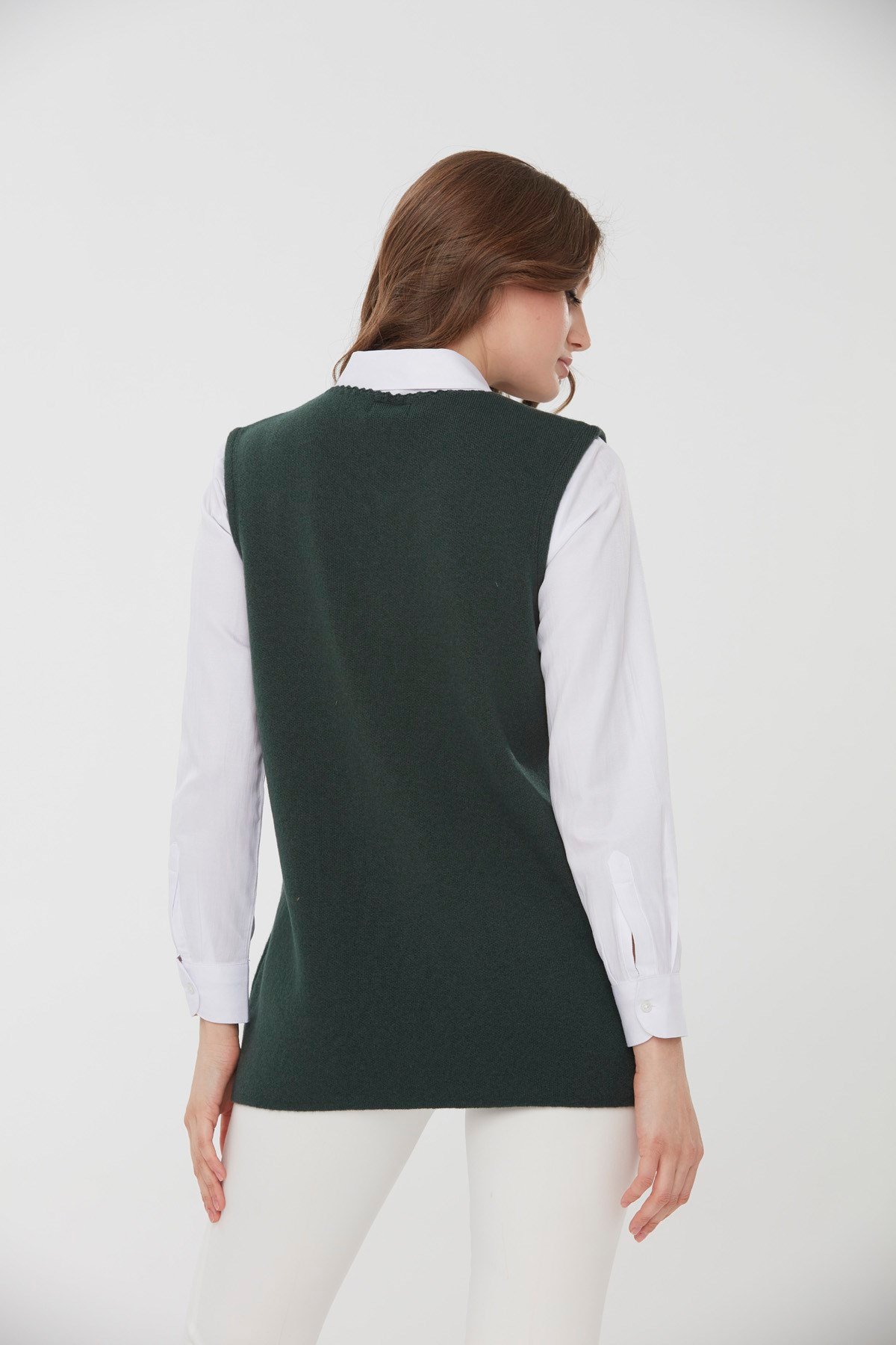 22190Kadın Sıfır Yaka Patchwork Yün Yelek Yeşil