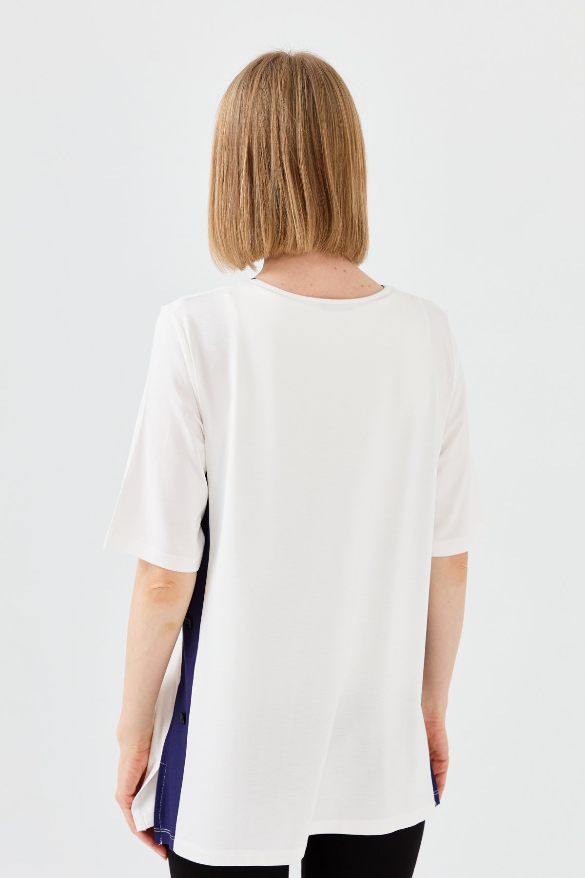 23780Kadın Sıfır Yaka Penye T-shirt Kemik