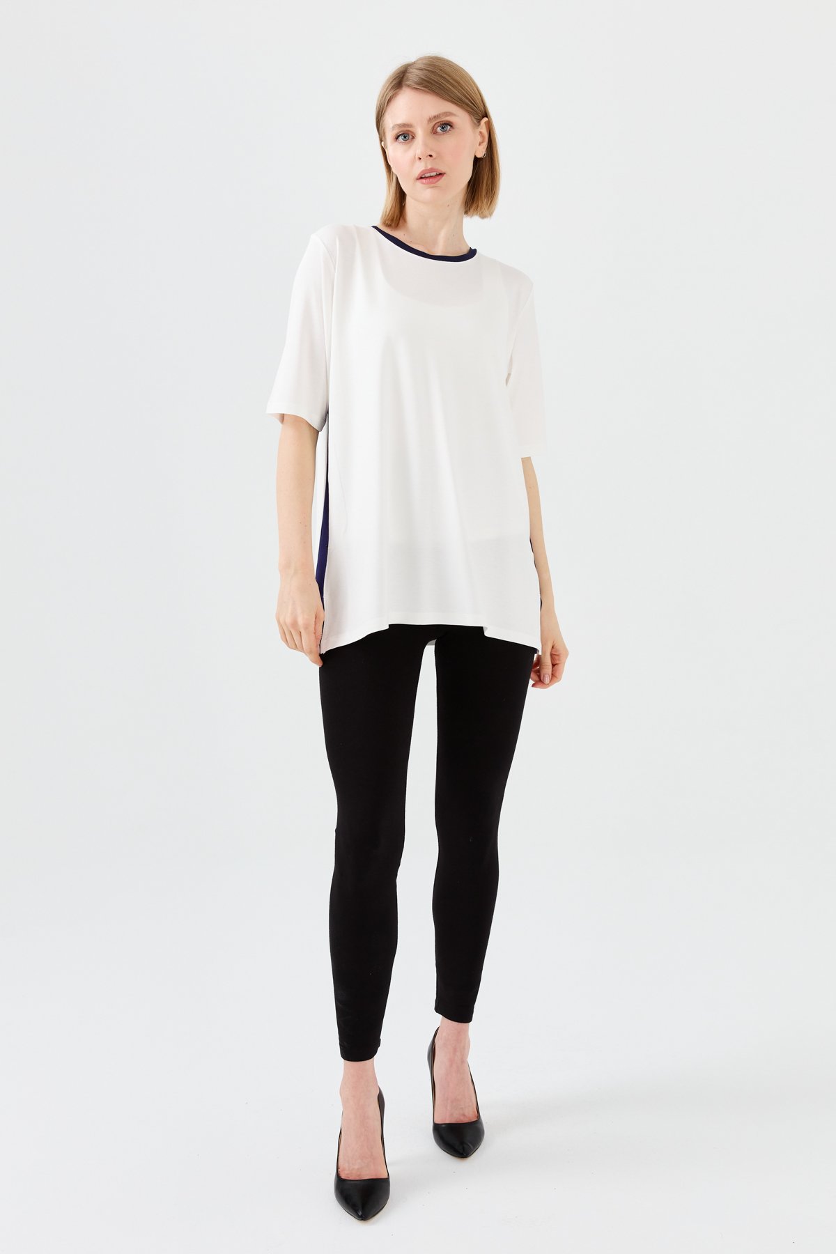 23780Kadın Sıfır Yaka Penye T-shirt Kemik