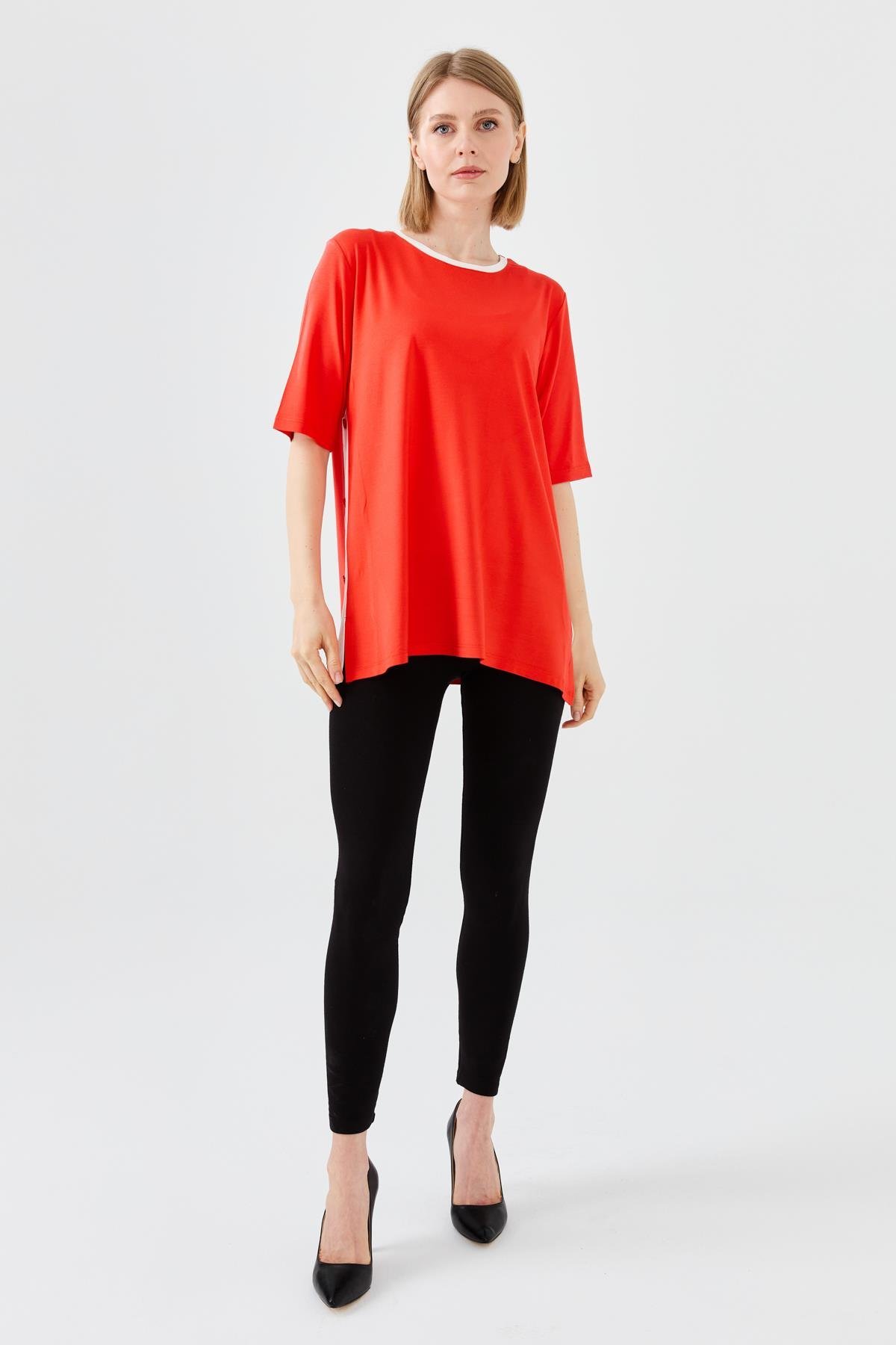 23780Kadın Sıfır Yaka Penye T-shirt Oranj