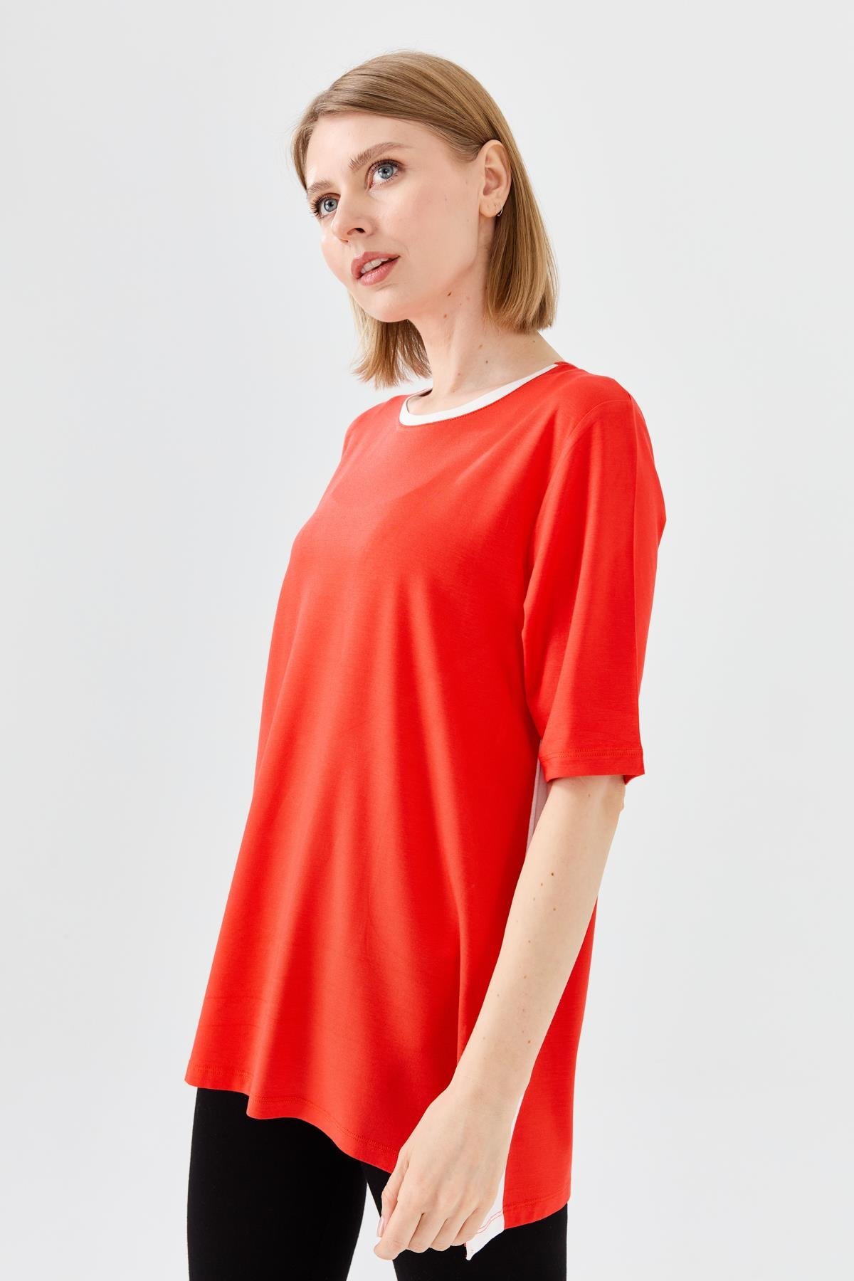 23780Kadın Sıfır Yaka Penye T-shirt Oranj