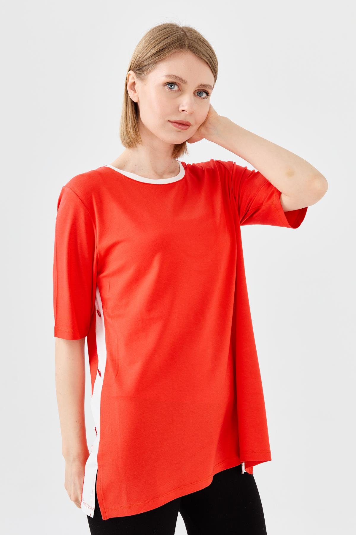 23780Kadın Sıfır Yaka Penye T-shirt Oranj