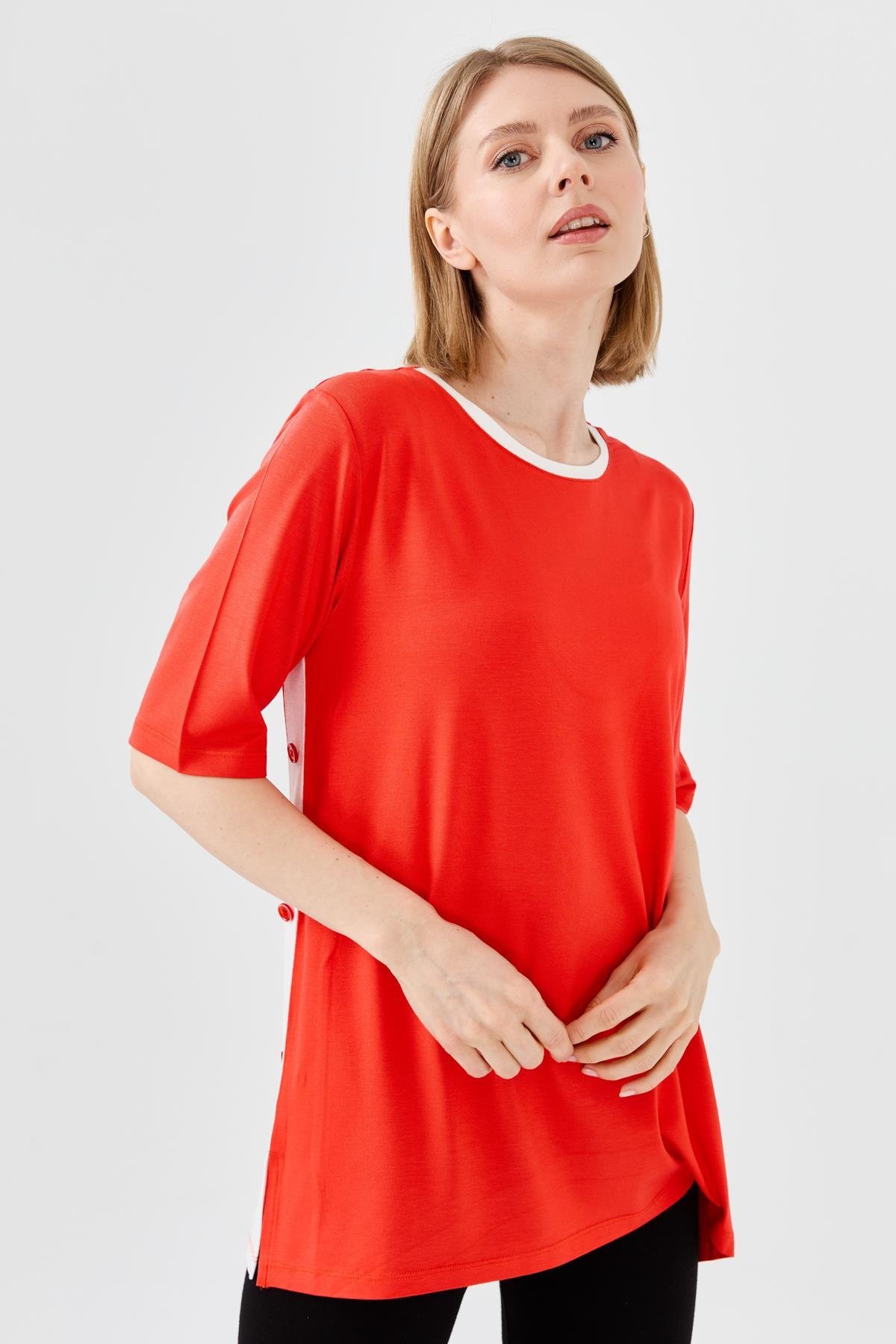 23780Kadın Sıfır Yaka Penye T-shirt Oranj