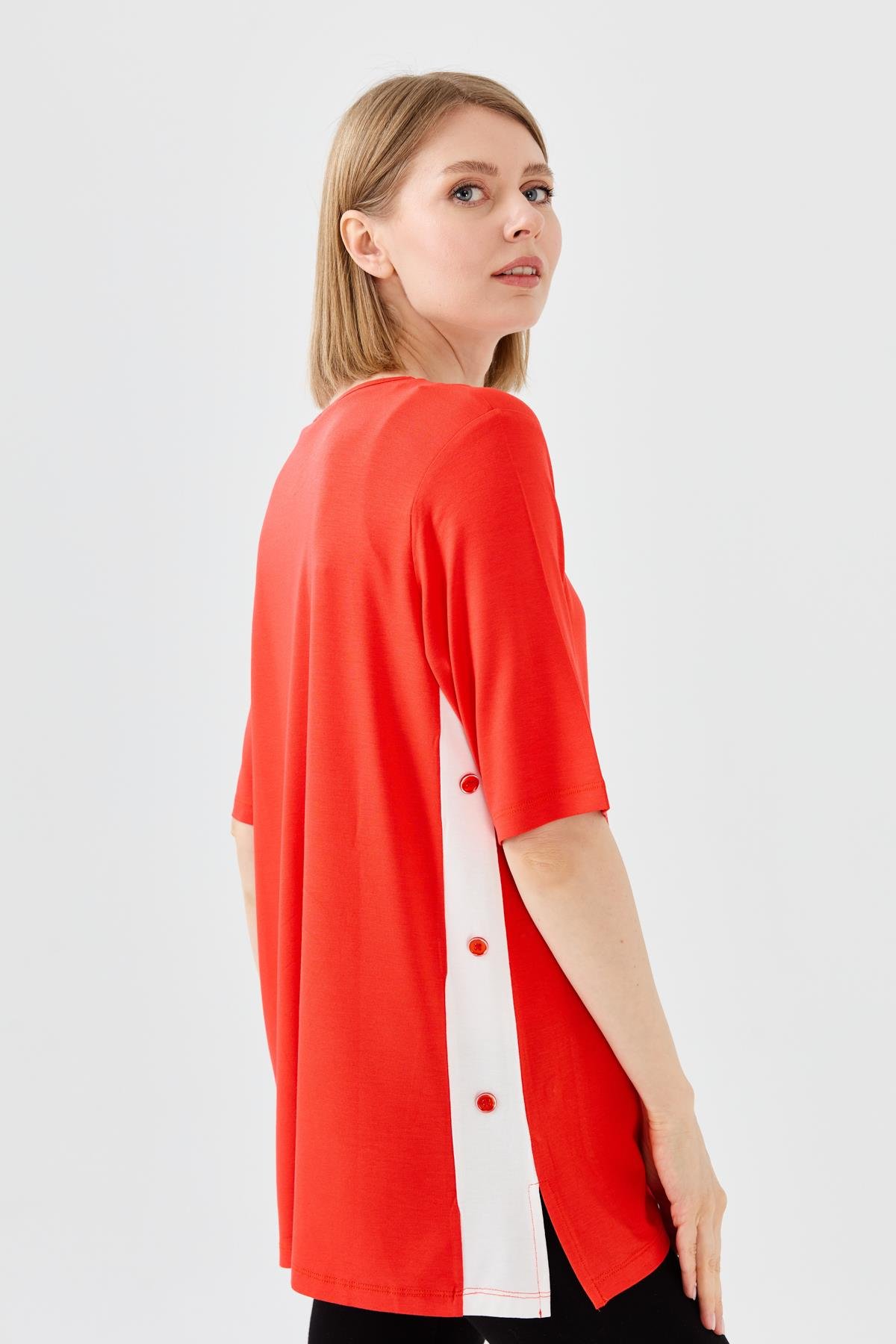 23780Kadın Sıfır Yaka Penye T-shirt Oranj