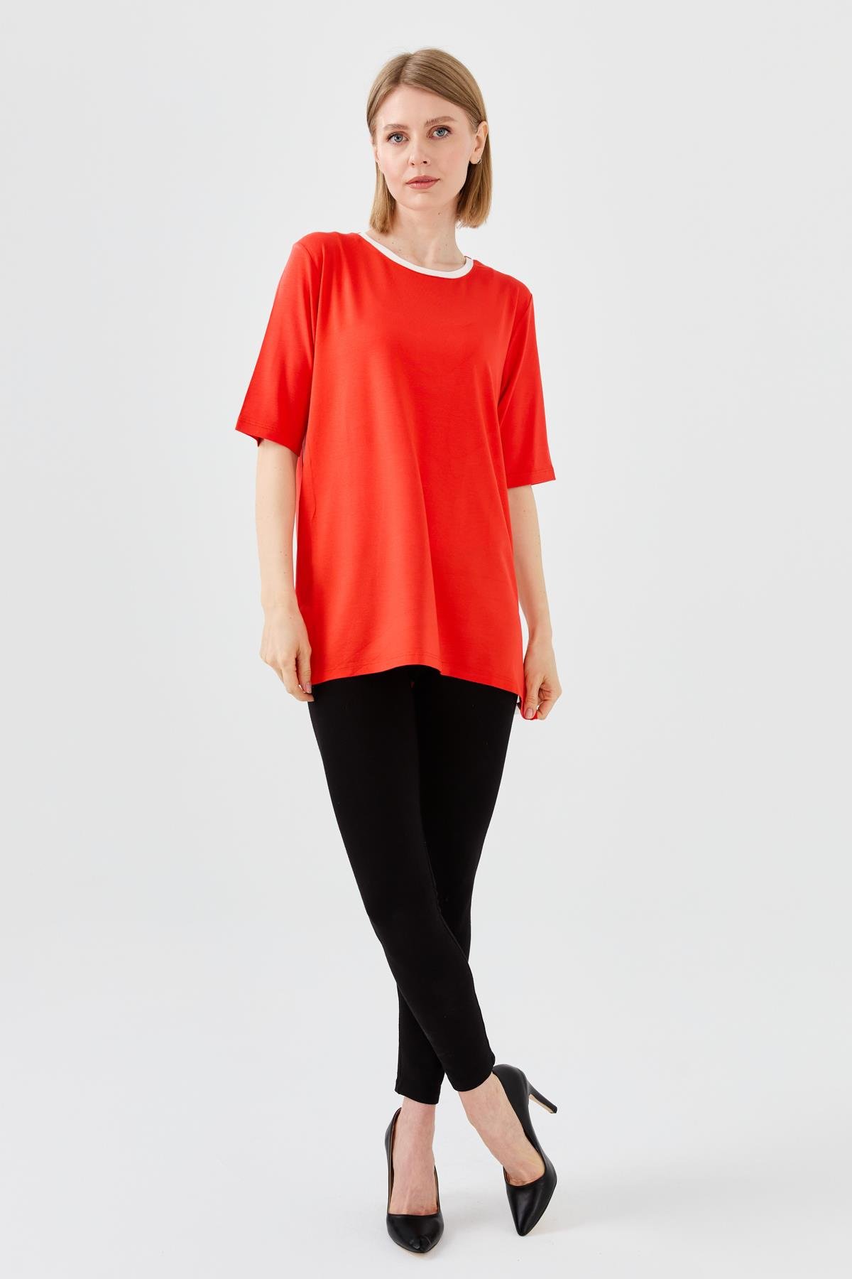 23780Kadın Sıfır Yaka Penye T-shirt Oranj