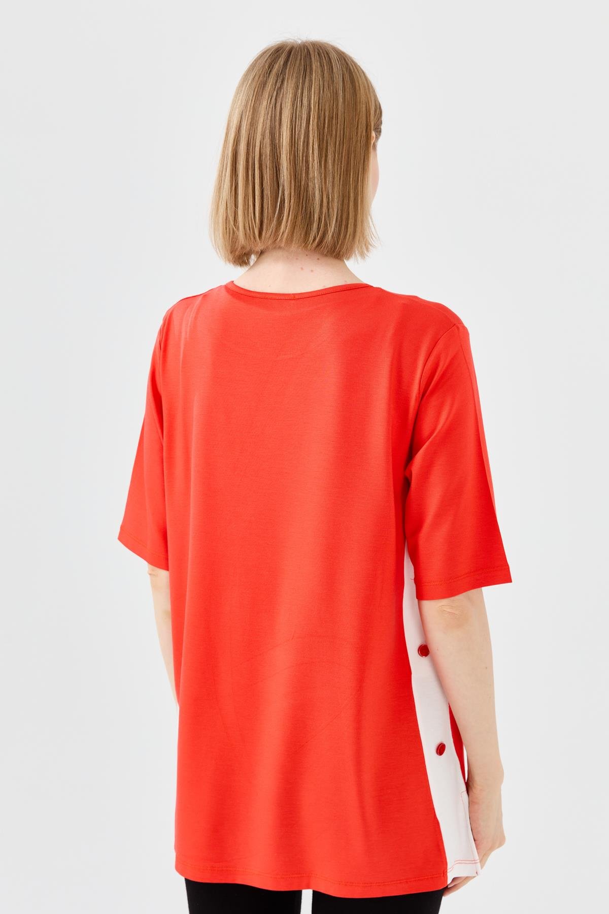 23780Kadın Sıfır Yaka Penye T-shirt Oranj