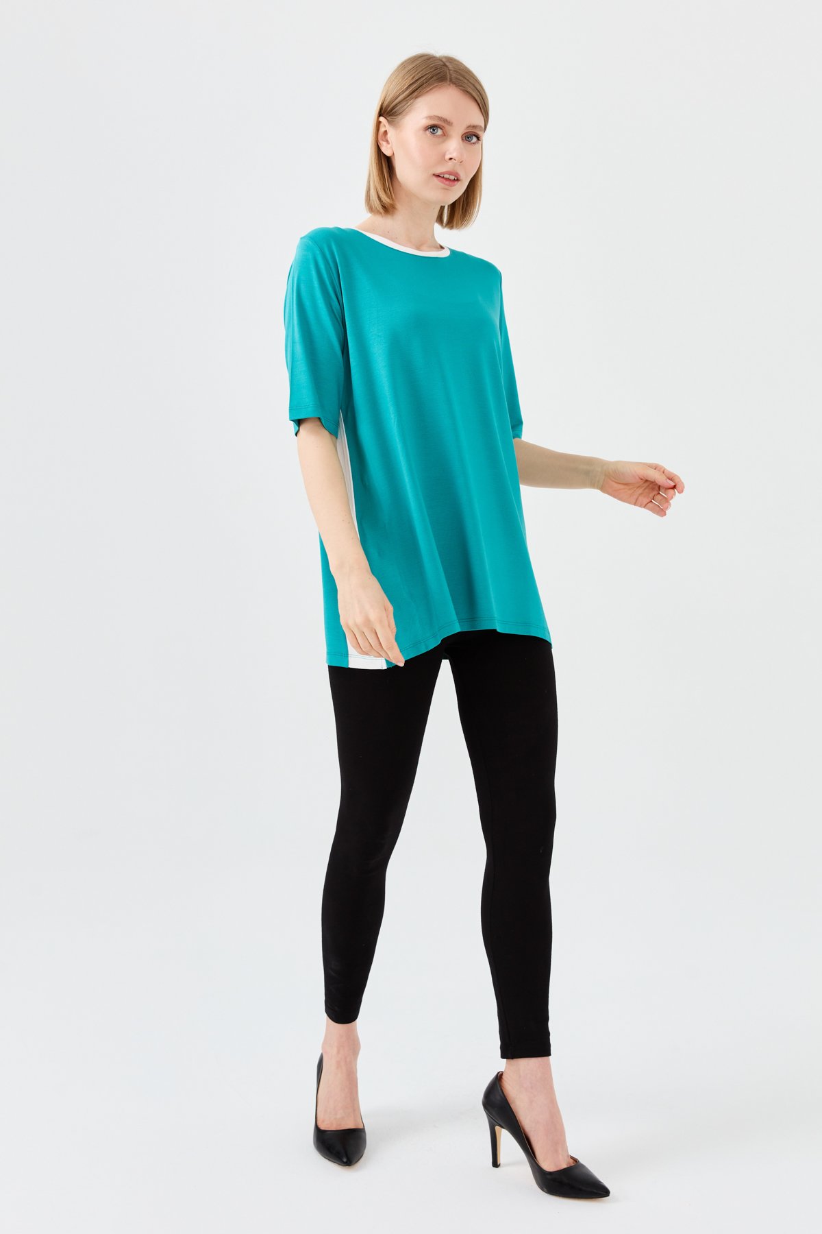 23780Kadın Sıfır Yaka Penye T-shirt Yeşil