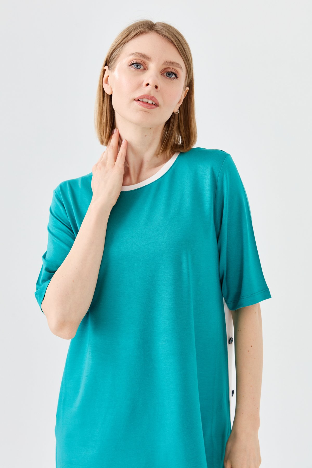 23780Kadın Sıfır Yaka Penye T-shirt Yeşil