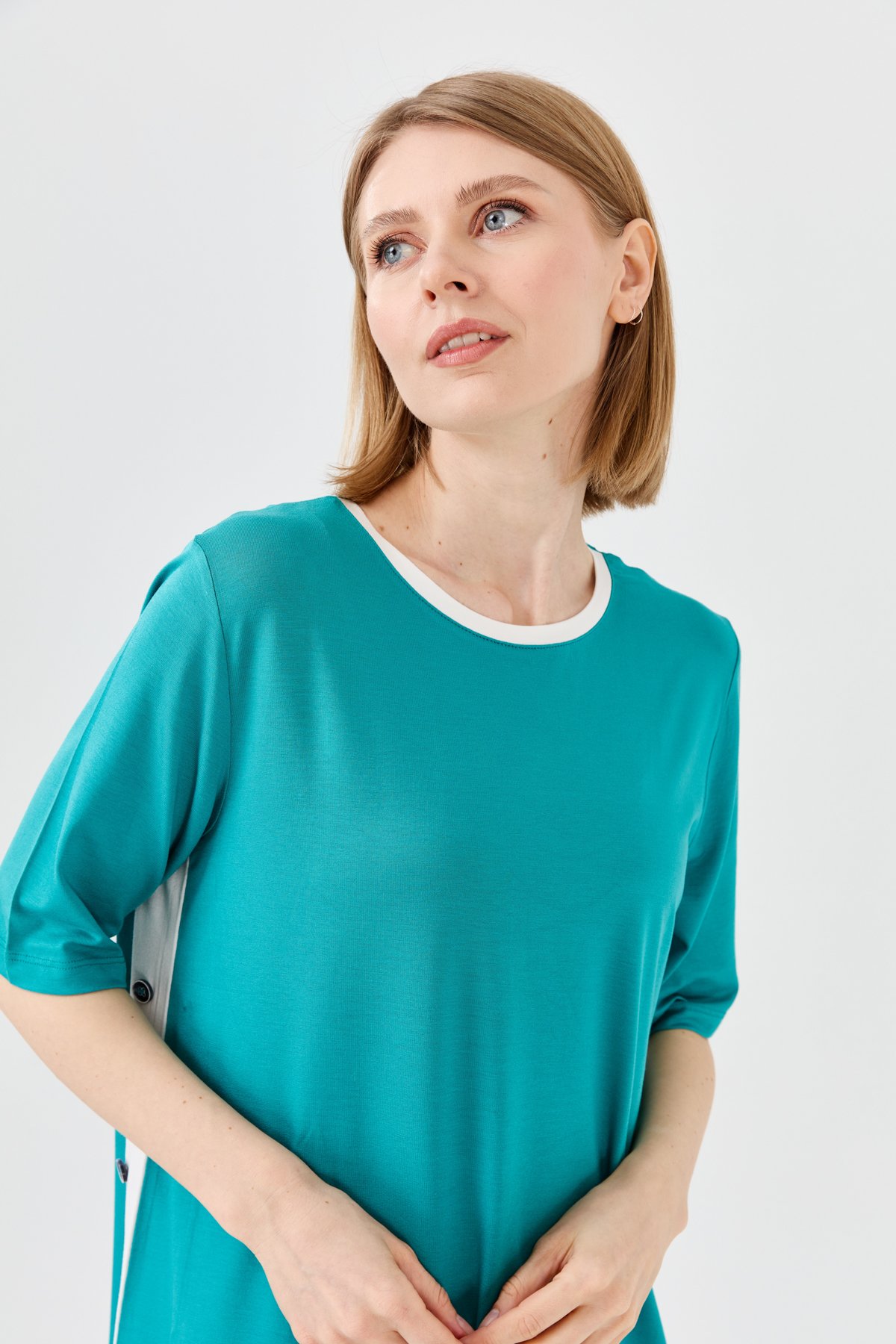 23780Kadın Sıfır Yaka Penye T-shirt Yeşil