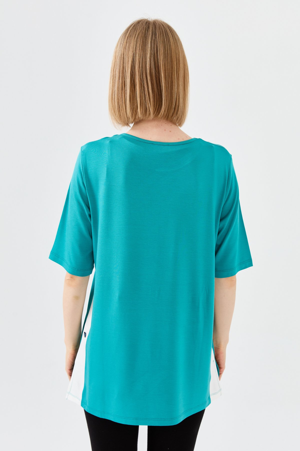 23780Kadın Sıfır Yaka Penye T-shirt Yeşil