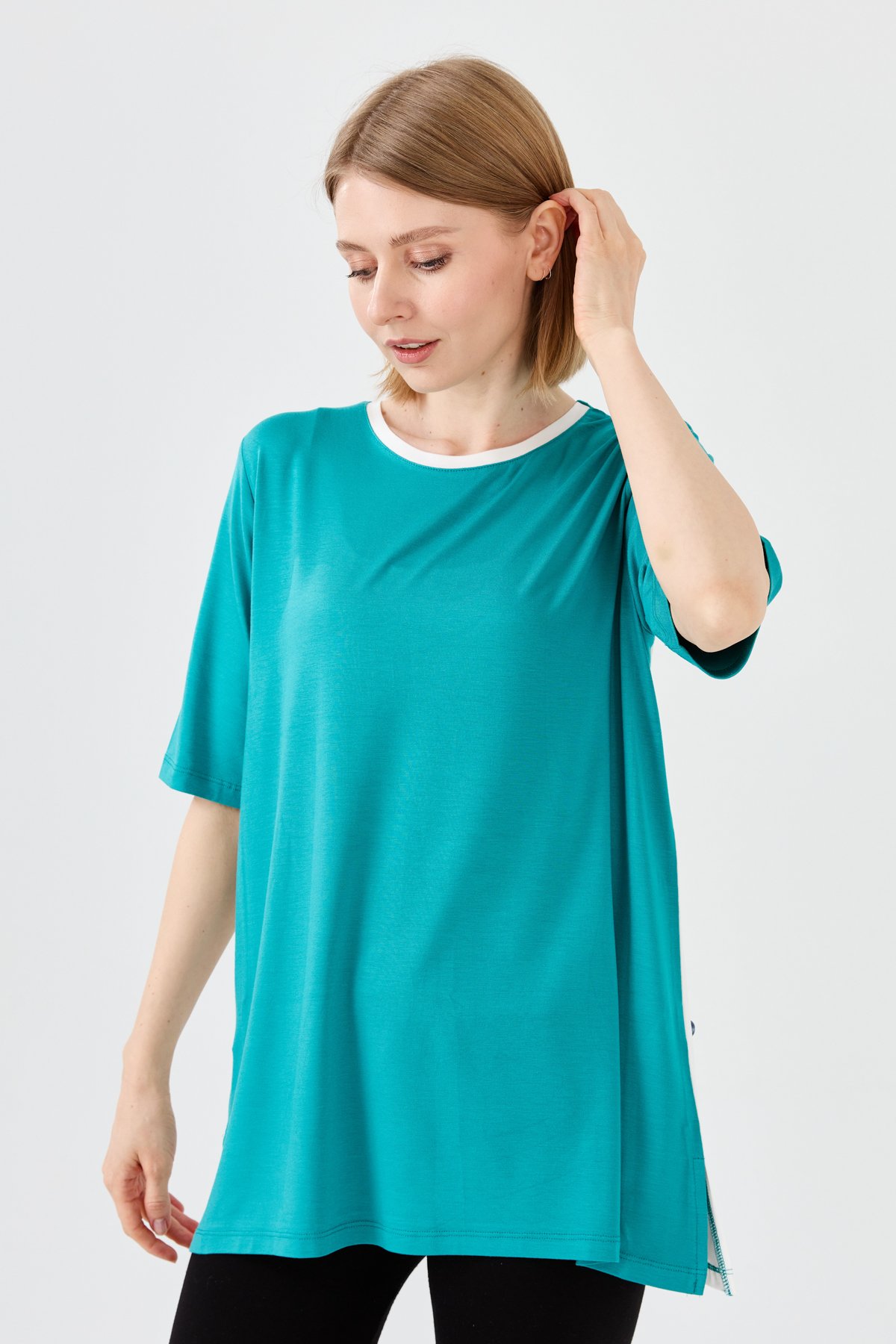 23780Kadın Sıfır Yaka Penye T-shirt Yeşil