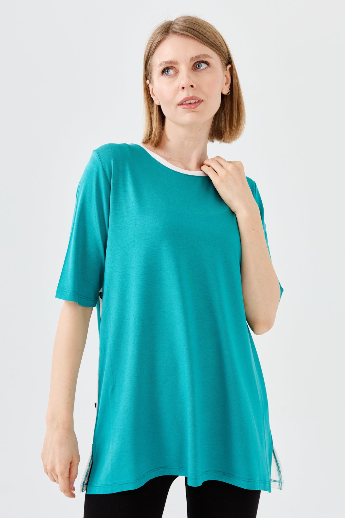 23780Kadın Sıfır Yaka Penye T-shirt Yeşil