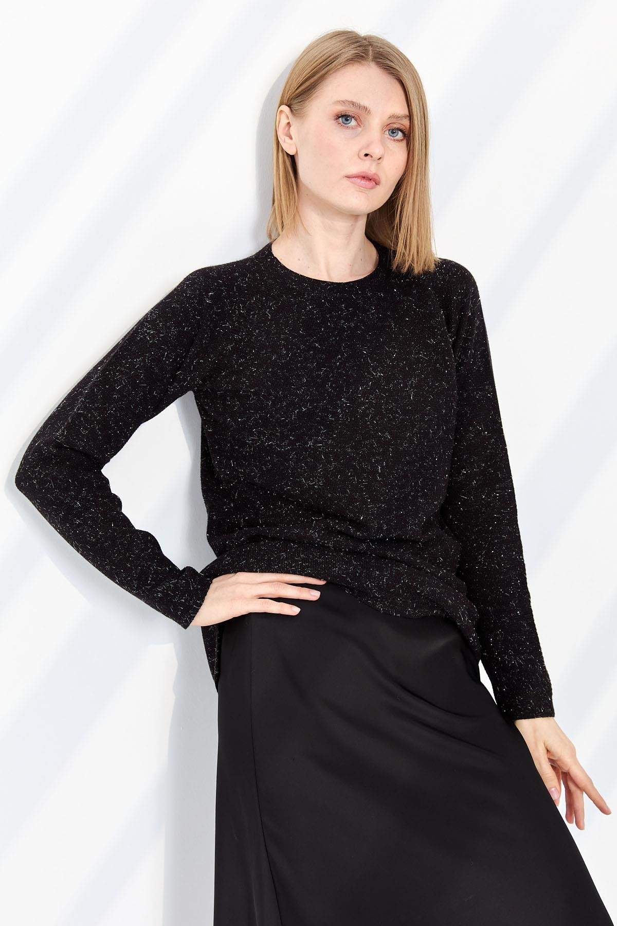23150Kadın Sıfır Yaka Pirinç Örgü Bluz Siyah